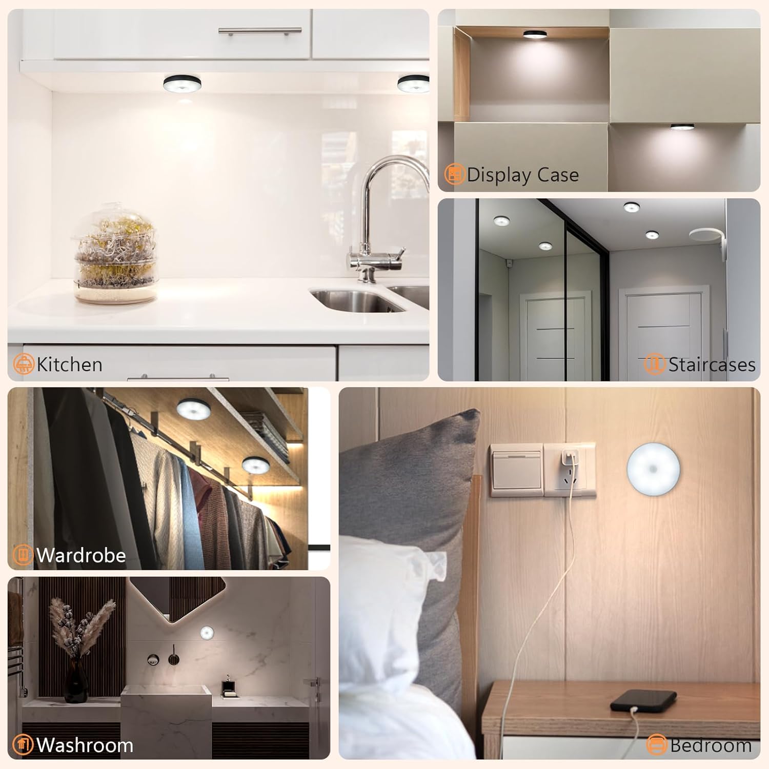 GLVSAE Stick On Lights, LED Puck Lights, Rechargeable Motion Sensor Night Light, 3 Operating Modes, Adjustable Brightness,Under Cabinet Lightins for Bedroom, Closet, Kitchens (2 Pack).