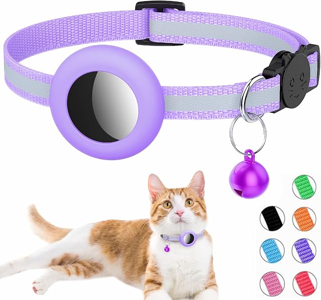 Airtag Cat Collar, Reflective Air tag Cat Collar with Bell and Prefect Size Waterproof Airtag Holder Compatible with Apple Airtag, Cat AirTag Collar with Breakaway Safety Buckle for Kitten Puppy