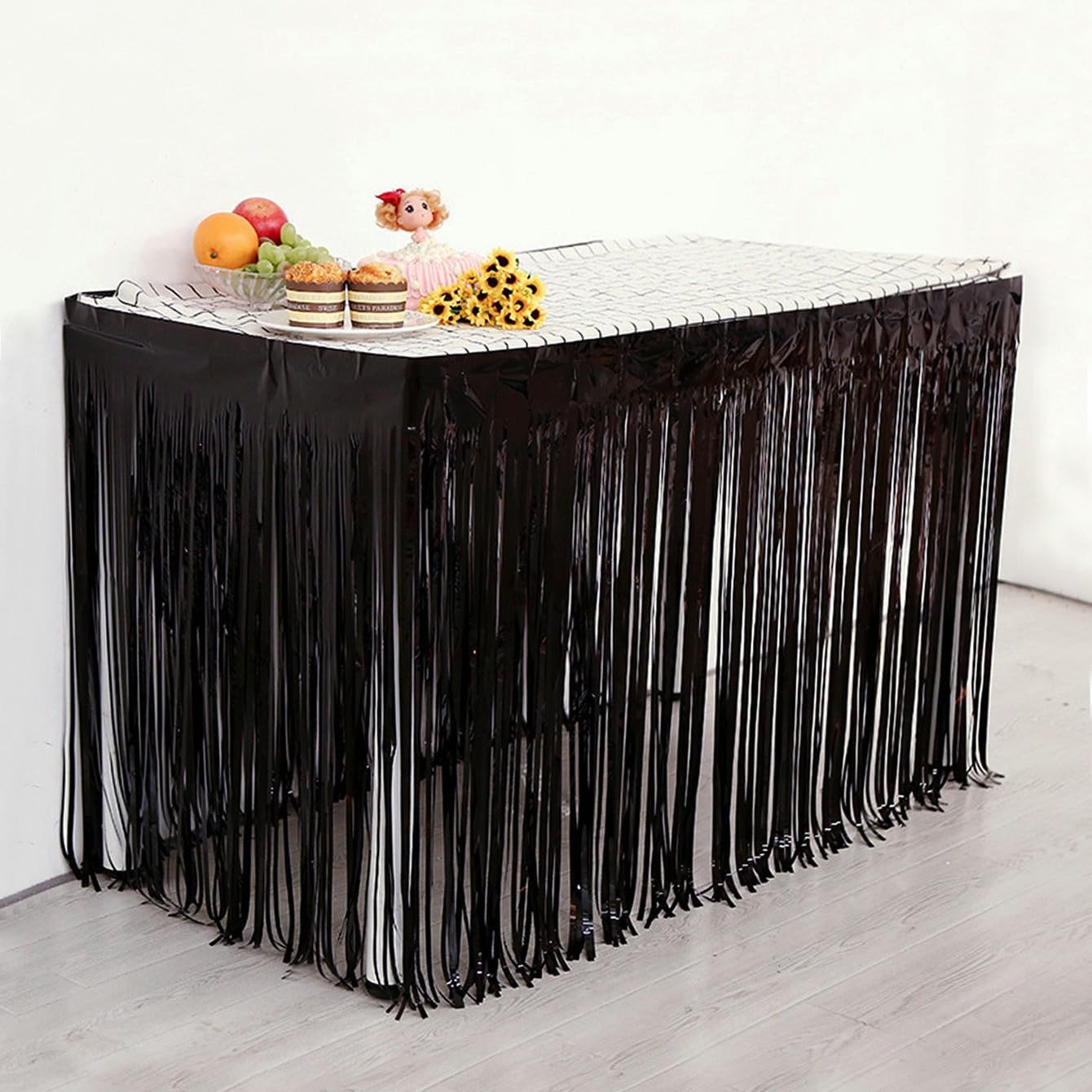 275 x 75 cm, 12 sztuk, czarna hawajska spódnica stołowa, folia metalowa, frędzle, lametta, spódniczka stołowa, girlanda, runo, baby shower