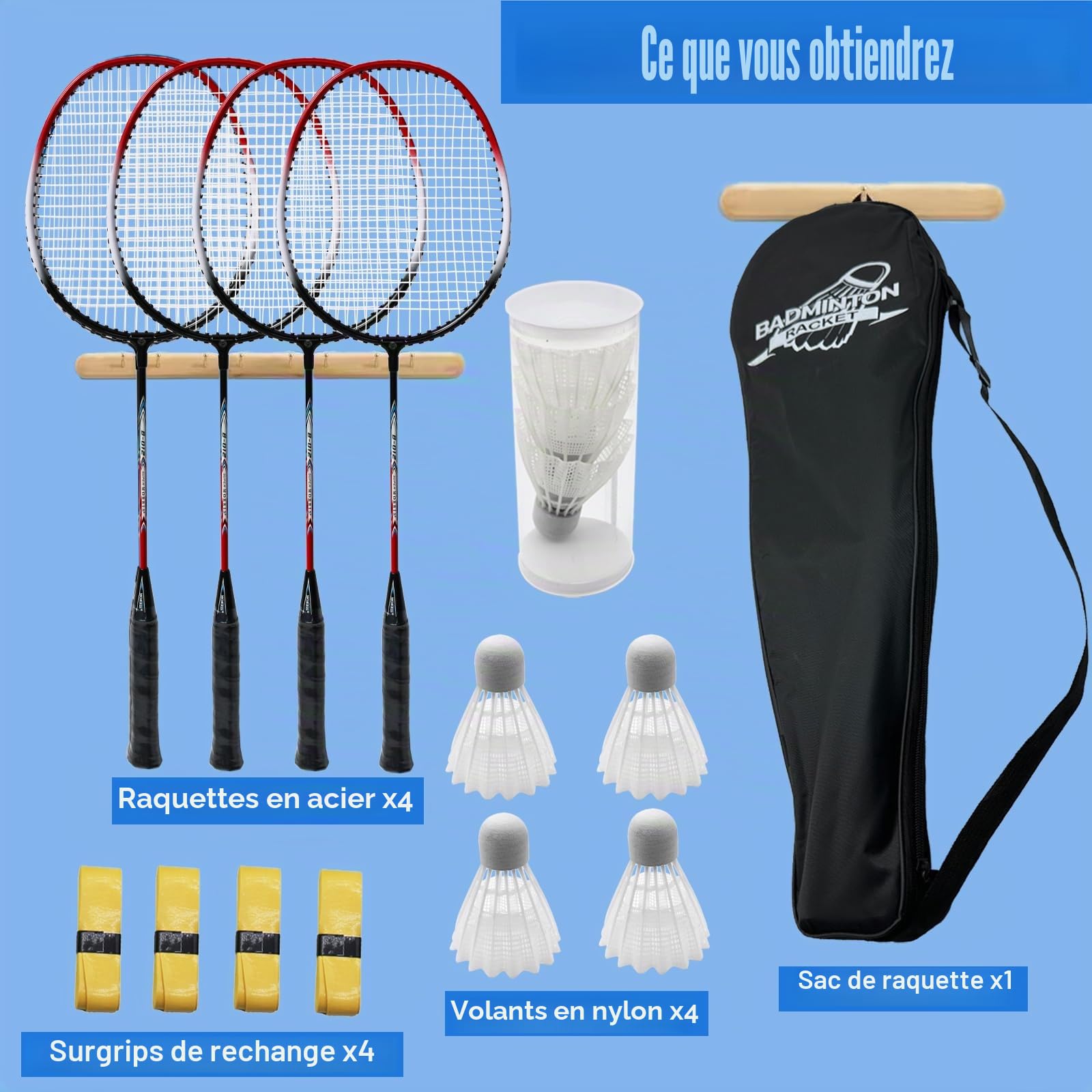 Magicorange Lot de 4 raquettes de badminton pour jeux en plein air, y compris 4 raquettes, 4 volants, 4 bandes antidérapantes de rechange et 1 sac de transport