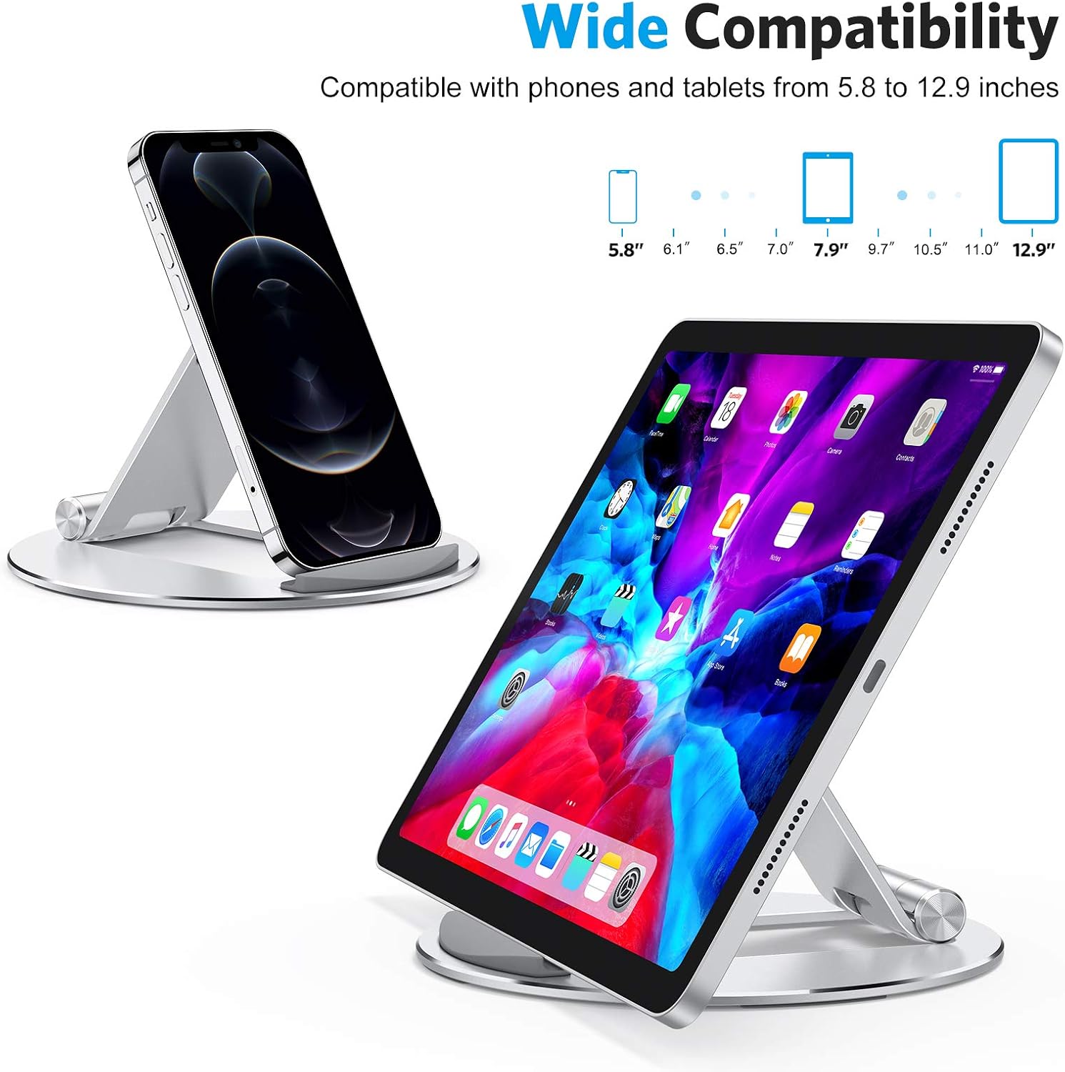 OMOTON Show 15 Stand Multi-Angle, Portable Tablet Stand with Round-Base, Compatible with iPad Pro/Air/Mini, Samsung and All Phones- Silver