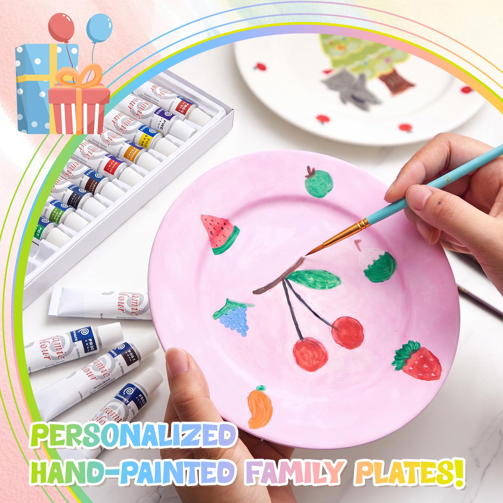 Sinmoe Kit de Peinture d'Assiettes en Céramique Comprend 4 Assiettes en Porcelaine 3 Pinceaux 12 Peintures Acryliques 1 Coffret Cadeau 1 Palette à Peindre DIY(7 Pouces,Luxe Moderne,4 Pièces)