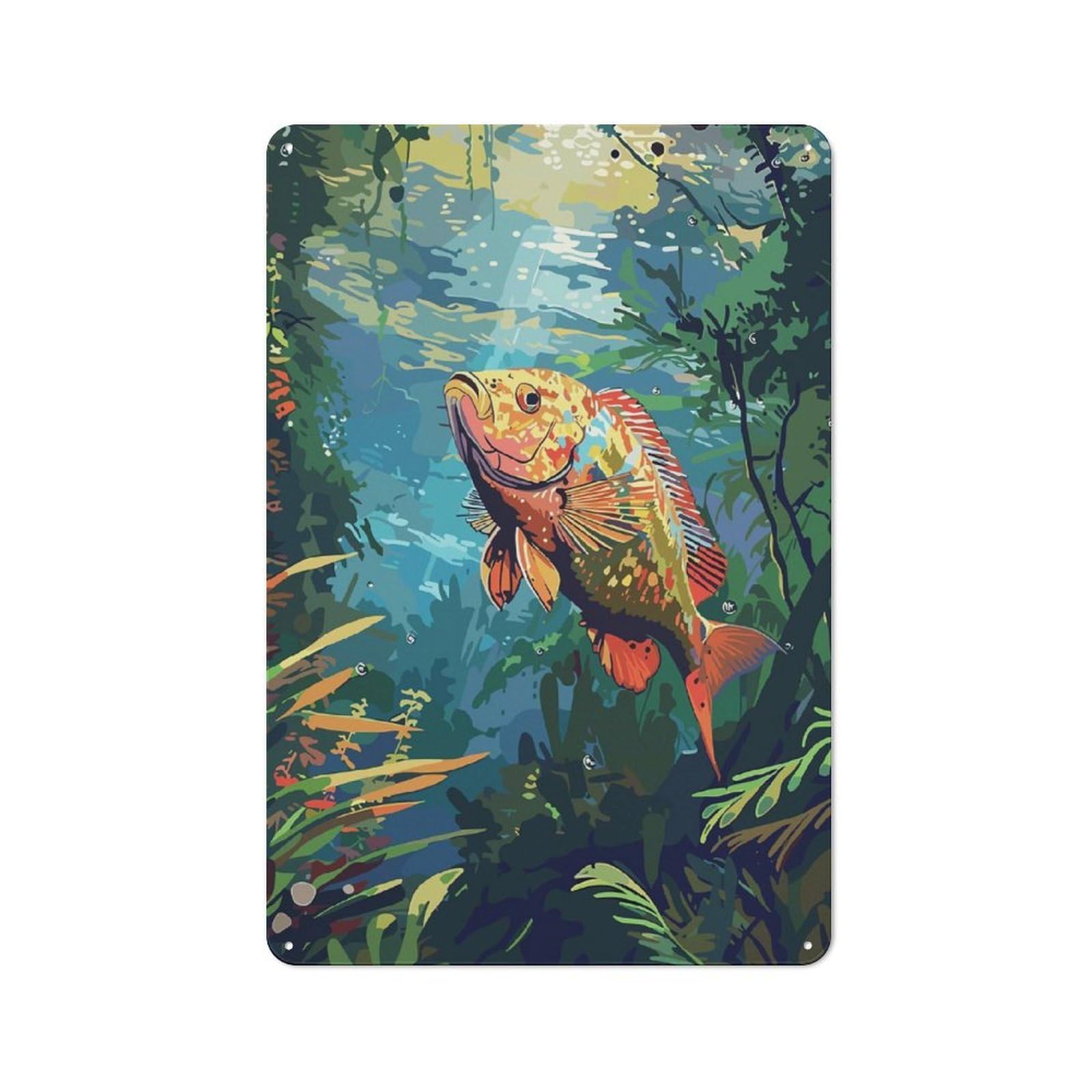 Junmoney Style Tin Wall Plaque 30X20cm With Colorful Fish In Underwater Scene For Man Cave Or Games Room, For Vintage Wall Decor Fans, For Themed Room Decoration