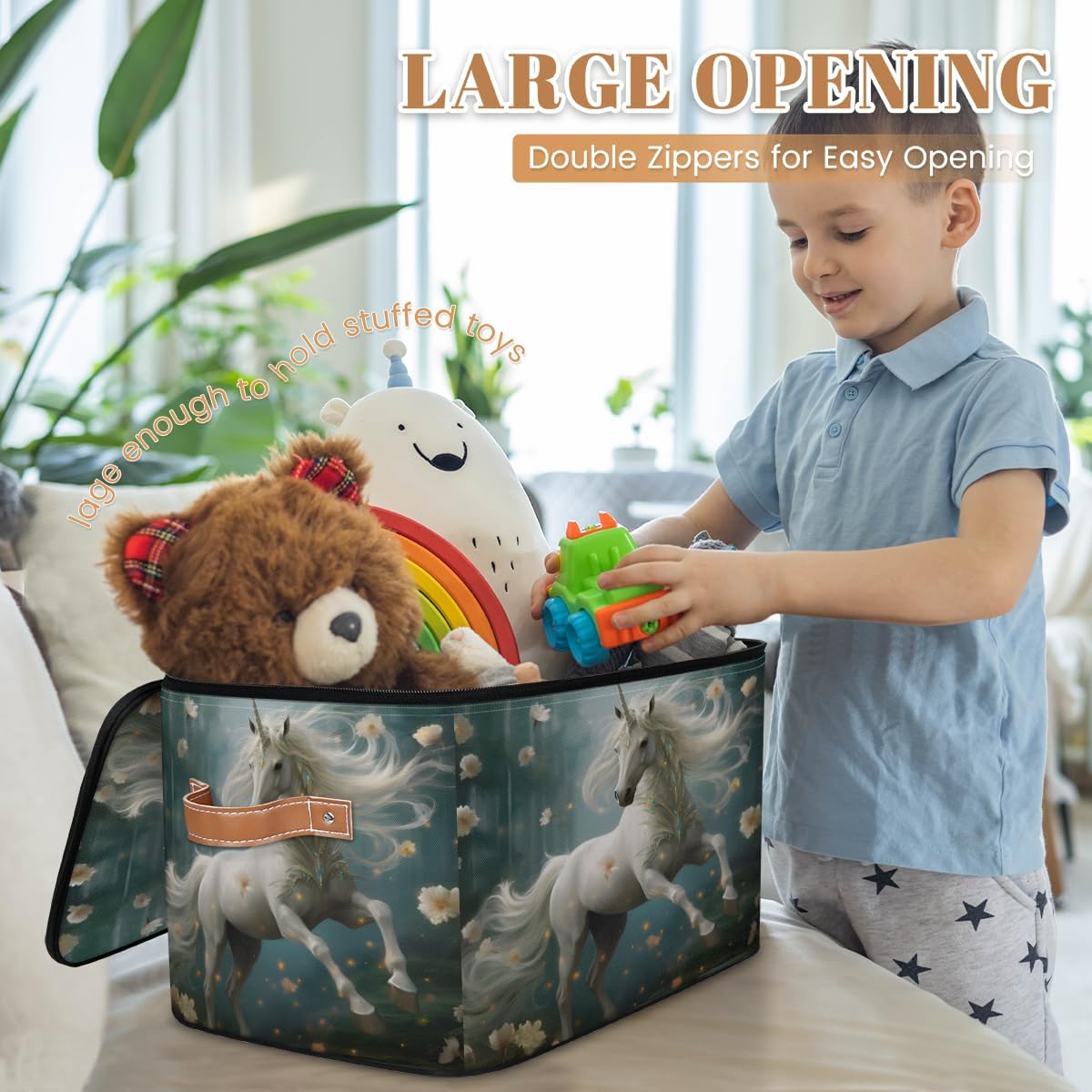 Storage Bin Set of 2 Daisy Unicorn Storage Basket with Zipper Lid & Handle Foldable Closet Shelf 2 Pack Cloth Organizer Basket Cube Bins Clothes Organizer for Bedroom, Nursery