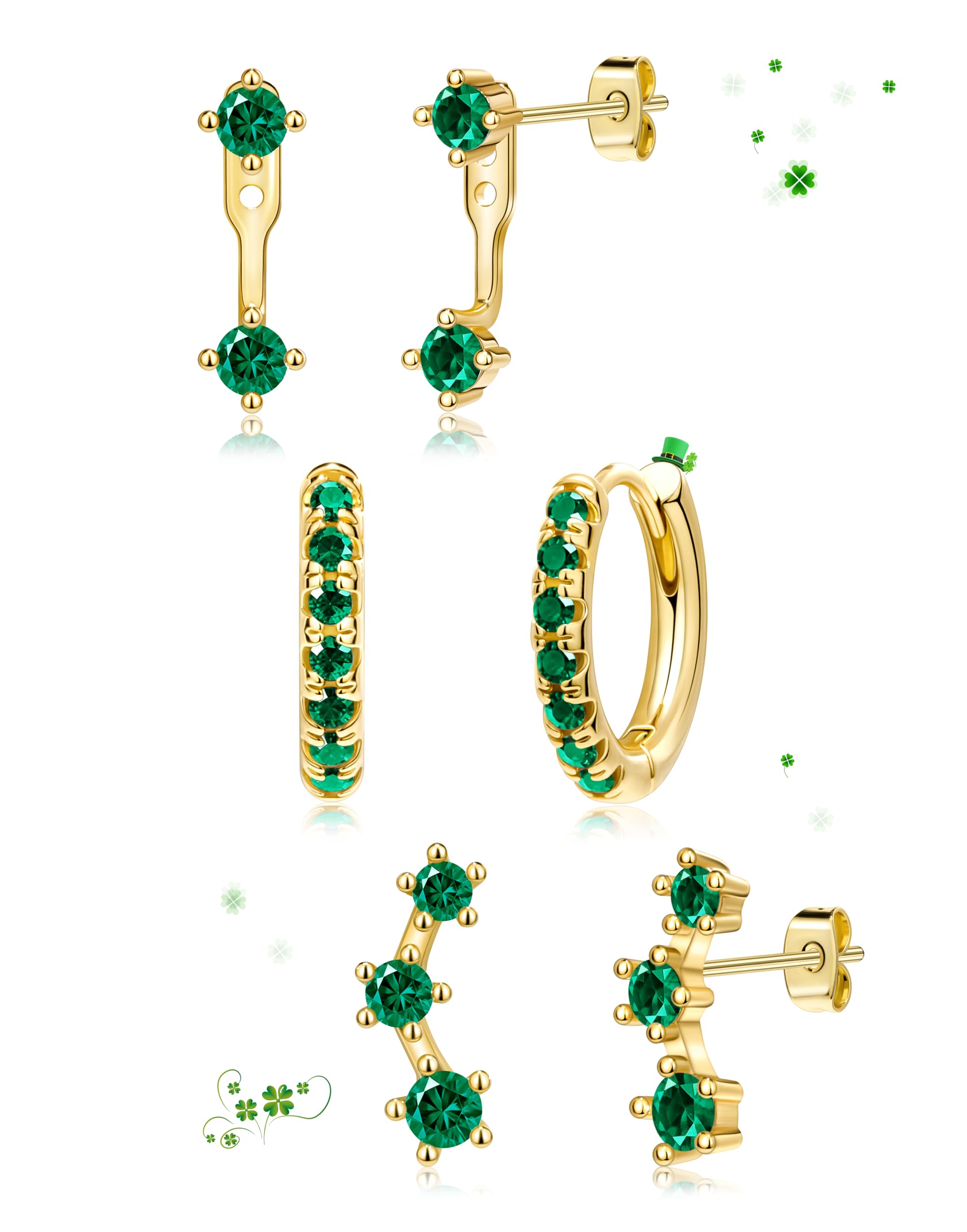 3 Pairs Trendy Small Earrings for Women, Gold Plated Hypoallergenic Stud Huggie Jacket Stack for Cartilage Helix, Dainty Cute Women Fashion Accessories Birthstone Western Jewelry Gifts