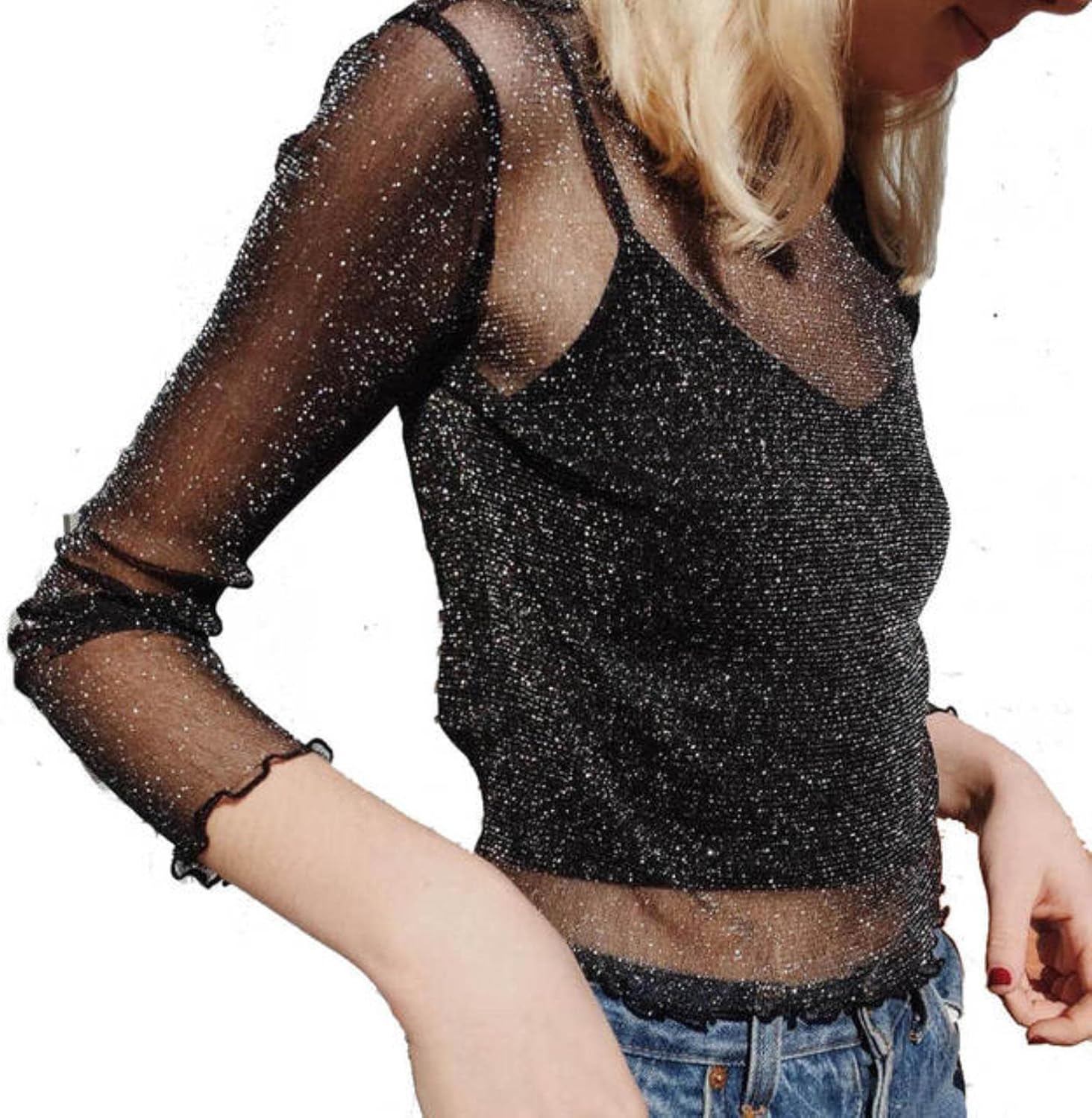 ATYUN Camiseta De Manga Larga Brillante Mujer Primavera Transparente Club Party Camisetas Negras Sexy Thin O Neck-Black,L