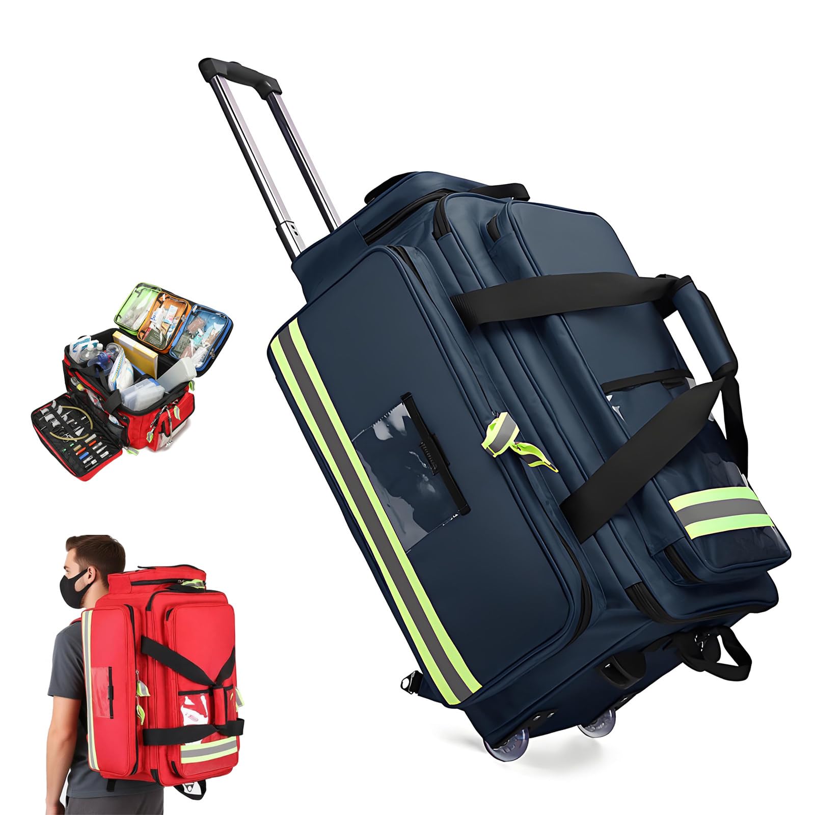 ROGHA First Responder Bag with Wheels,Portable Storage Bag Tote(Empty),Nurse Rolling Bag Emergency,for EMS,Police,Firefighters,Home Health Nurses,Doctors Blue