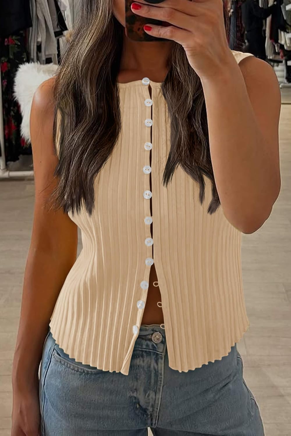 Tankaneo Womens Going Out Tops Summer Cute Ribbed Tank Crop Button Up Vest Top Y2K Sexy Outfits - Image 4