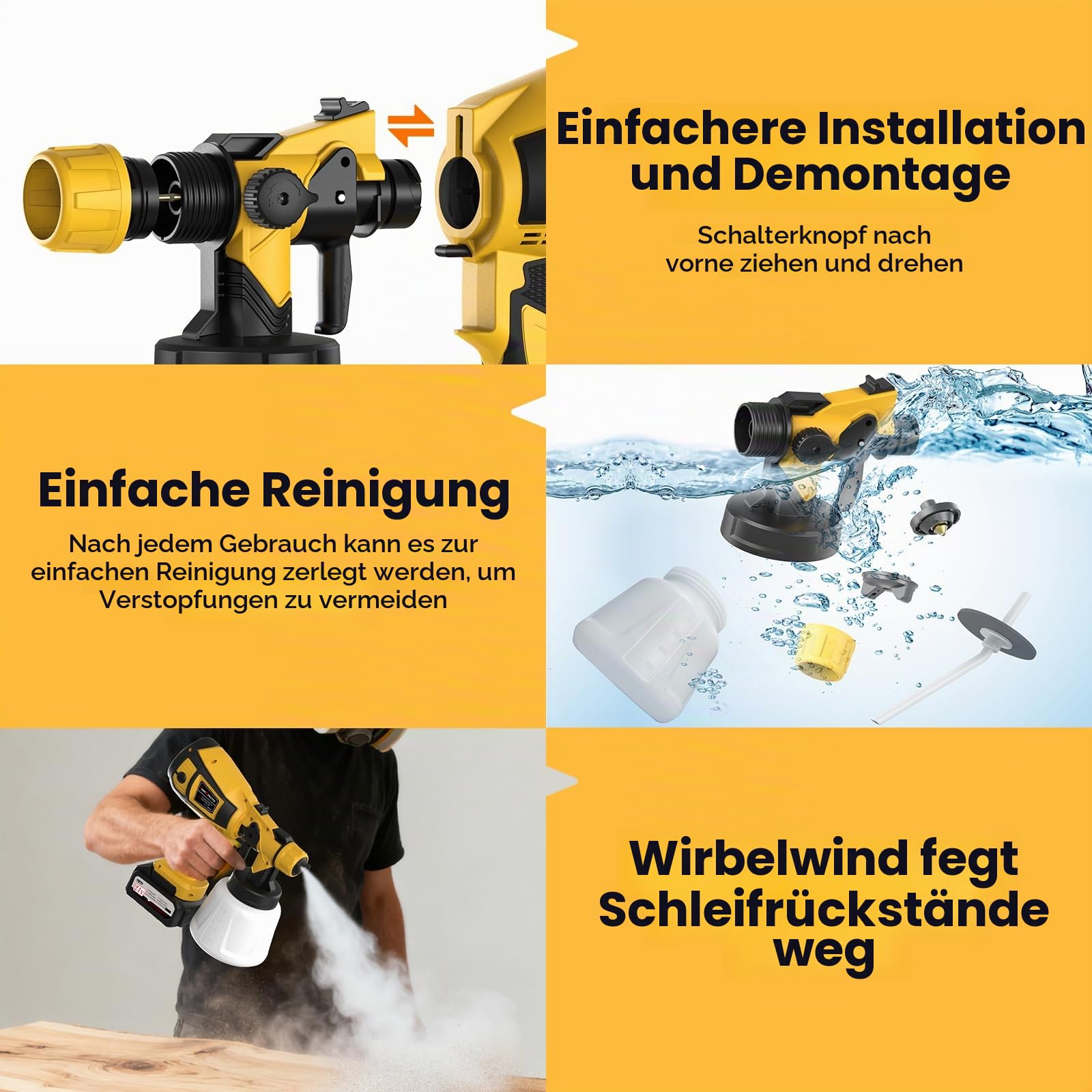 Farbsprühsystem Akku,650W Elektrische Farbsprühgerät mit 2 Akku 4000mAh,1000ml Farbbehälter,3 Sprühmustern & 6 Düsen.HVLP Lackierpistole für Wandfarbe,Schränke,Möbel (Gelb)