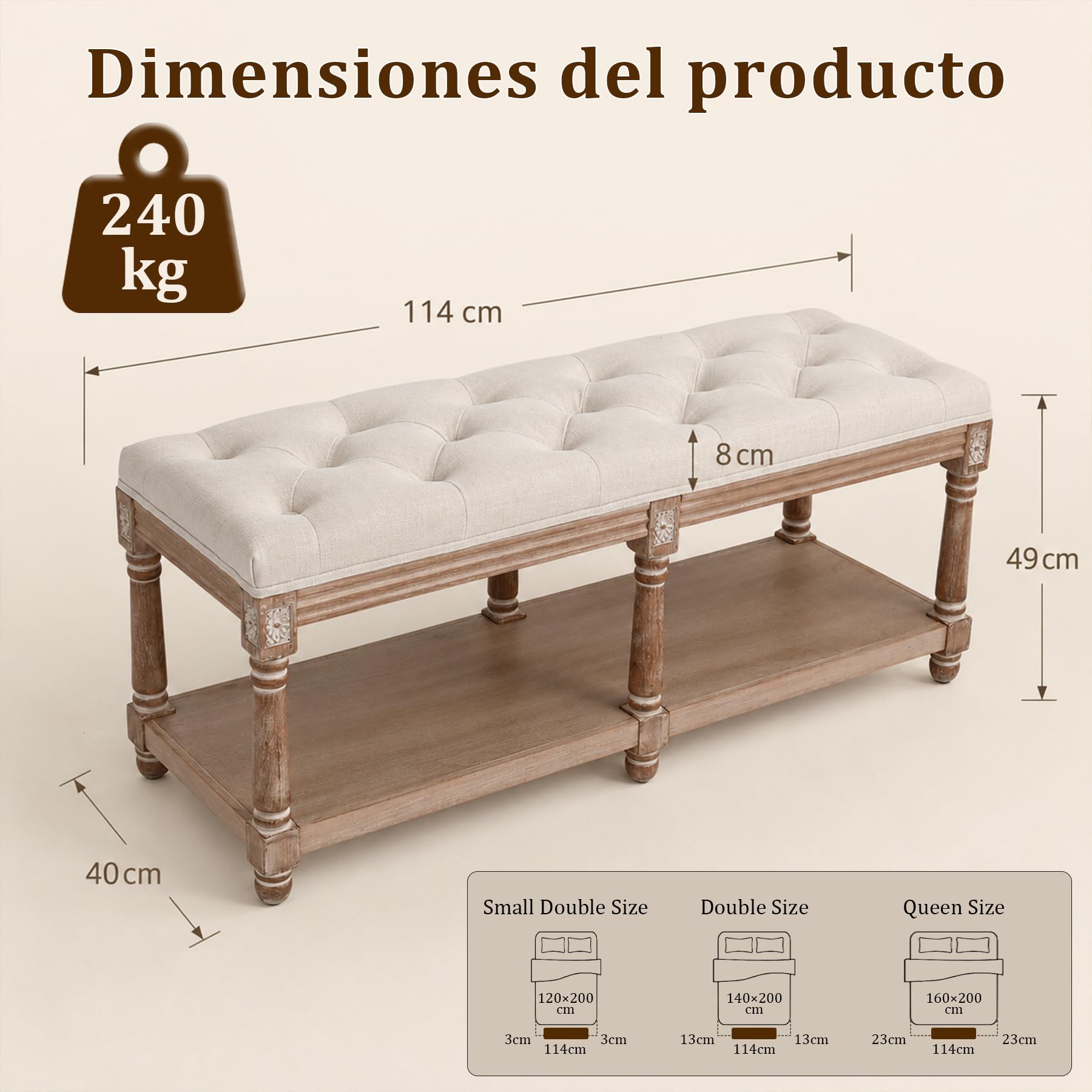 Banco Tapizado con Almacenamiento, Banco de Cama, 2 Plazas
