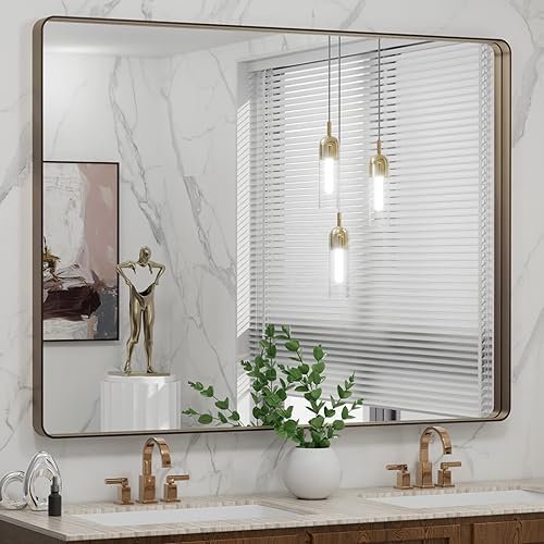 Miniatura 209 de LOAAO - Espejo de tocador para baño con marco de metal negro mate de 24 x 32 pulgadas para pared, rústico, rectangular, grande, redondeado