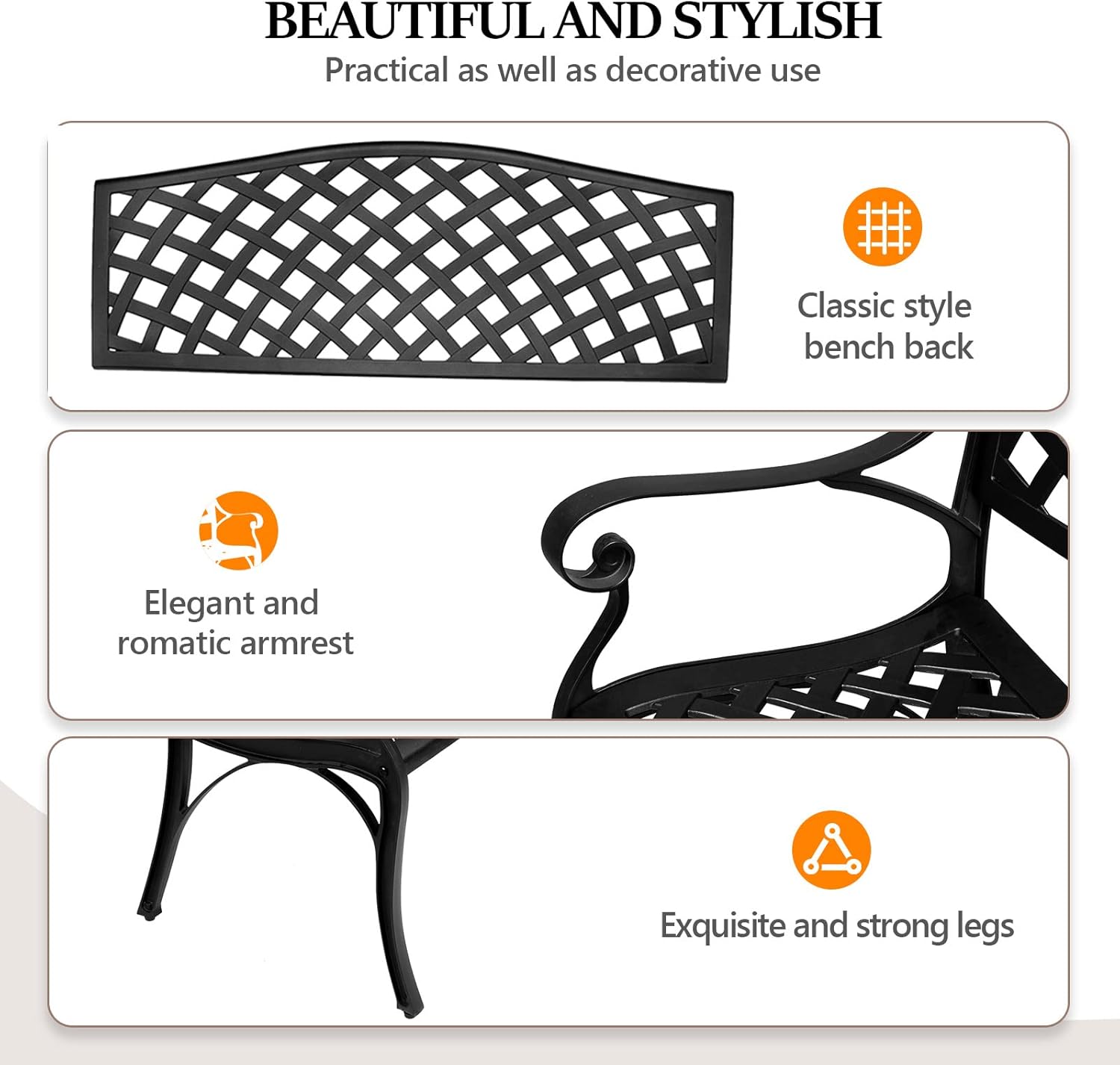 VINGLI 40.5" Patio Garden Bench,Anti- Rust Cast Iron Cast Aluminum Frame for Outdoor Path Yard Lawn Work Entryway Decor Deck (Black)