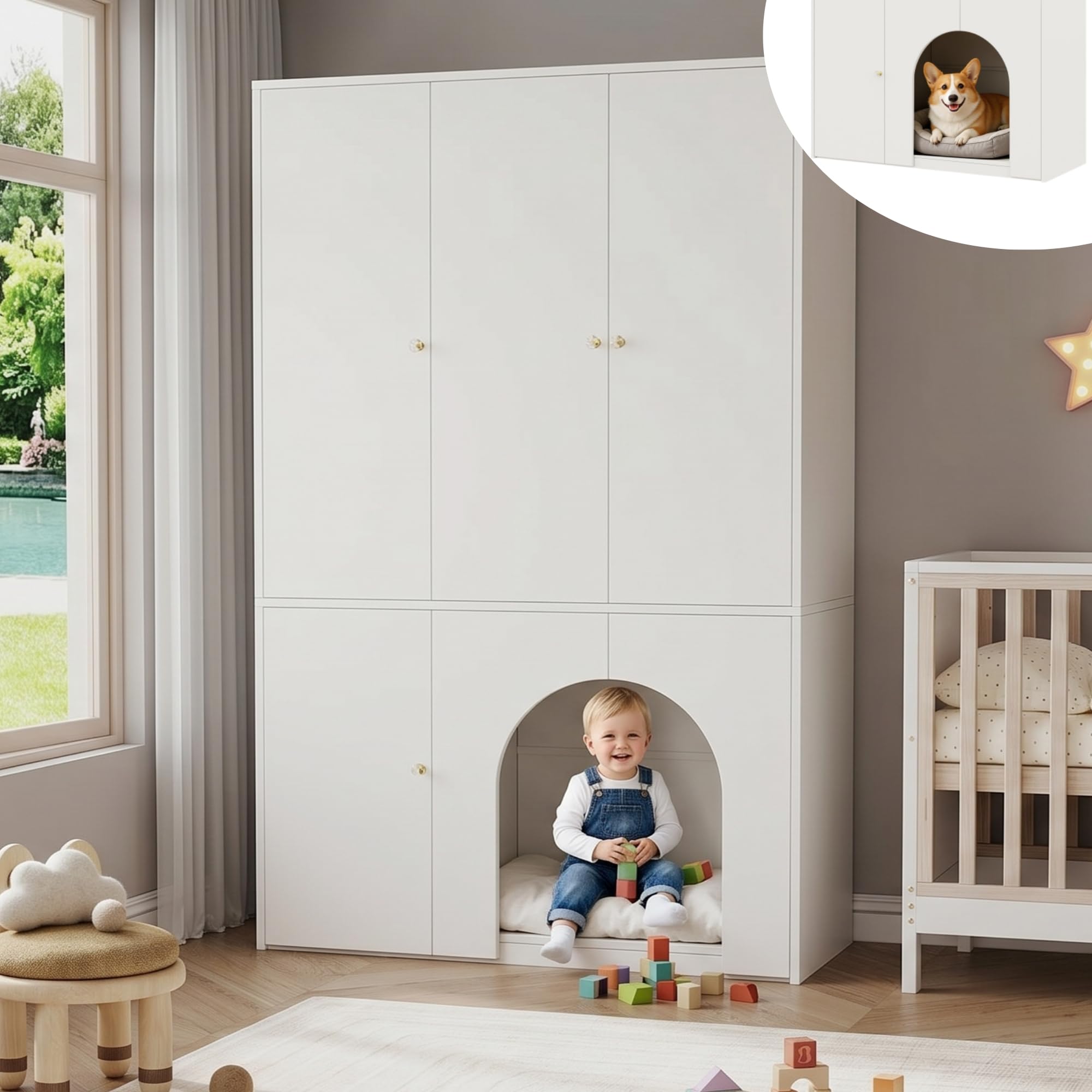 Kleiderschrank Hochschrank Aufbewahrungsschrank Sideboard mit Haustierhöhle, 3-türig, Kleiderstange & Regalböden, für Schlafzimmer Flur, 120x50x200cm Weiß
