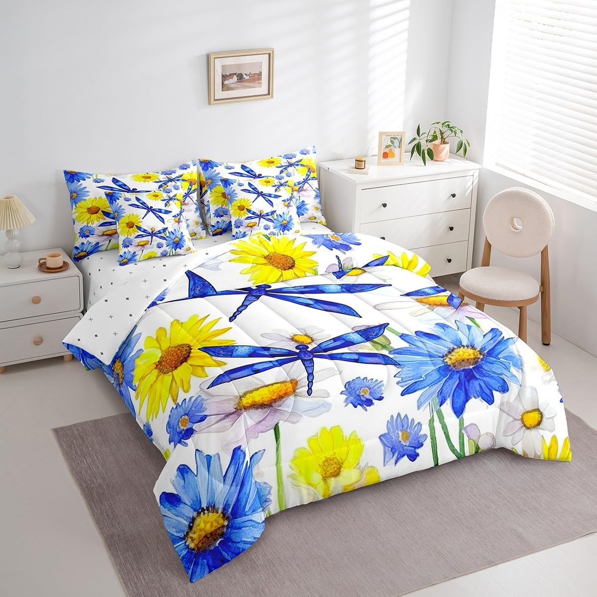 Erosebridal Sunflower King Comforter Set 7 Pcs,Blue Dragonfly Bed in a Bag with Flat Sheet and Fitted Sheet,Botanical Floral Sheets,Garden Blossom Bedding Set with Pillowcase & Sham,Yellow Blue
