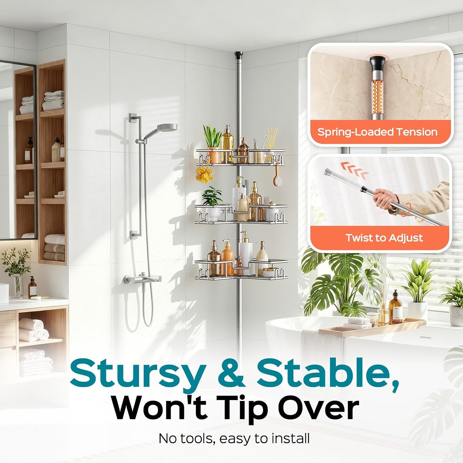 HAMITOR Corner Shower Shelves, 4-Tier Metal Tension Pole Caddy, Silver Gray