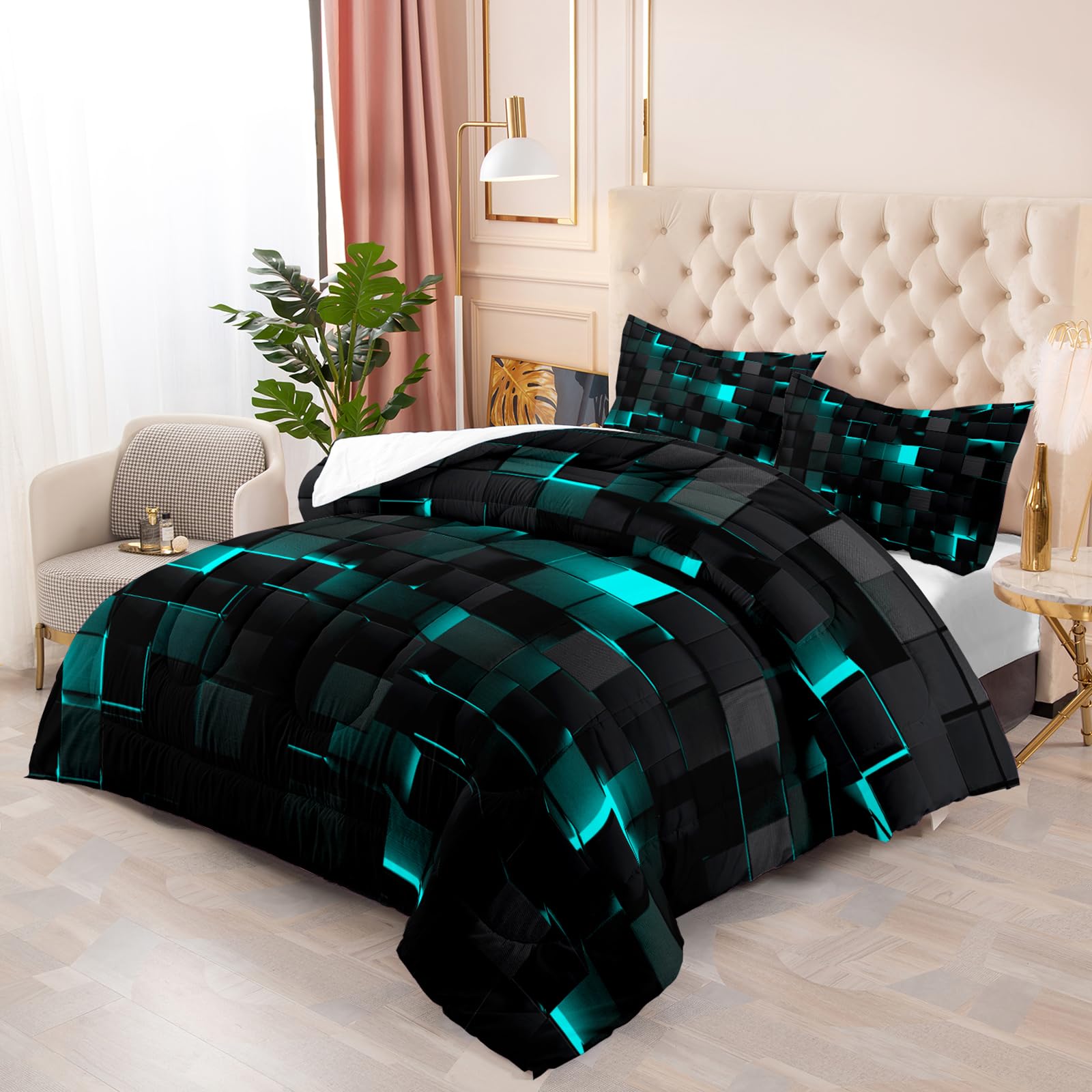 Geometric Turquoise Black Comforter Set,Light Honeycomb 3 Piece Bedding Set King Size for Teen Boys,Modern Quilt Set Geometry Decor,Microfiber
