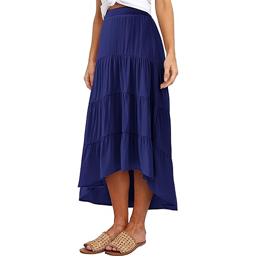 PRETTYGARDEN Women's Ditzy Floral Print Midi Skirt Boho Elastic High Waist Long Skirts for Women Trendy High Low Hem