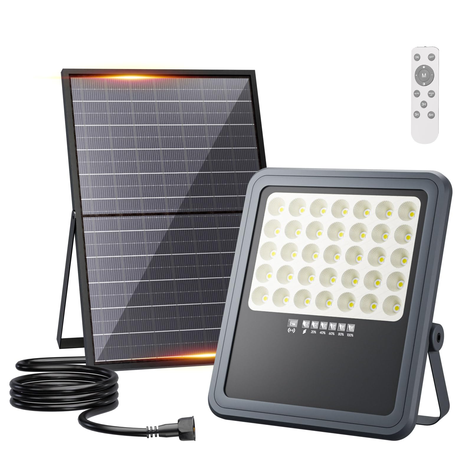 Faretti solari a led da esterno, batteria di grande capacità da 18000mAh, luci da esterno giardino solari IP66 impermeabile, 6500K, luci solari da esterno con telecomando (funzione timer)