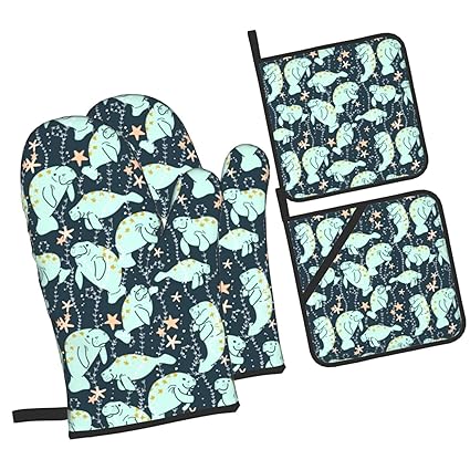 Manatee Oven Mitts and Pot Holders Sets 4 Pcs Set, Heat Resistant Oven Gloves and Pot Pads with Non-Slip Surface for Kitchen Cooking Baking BBQ