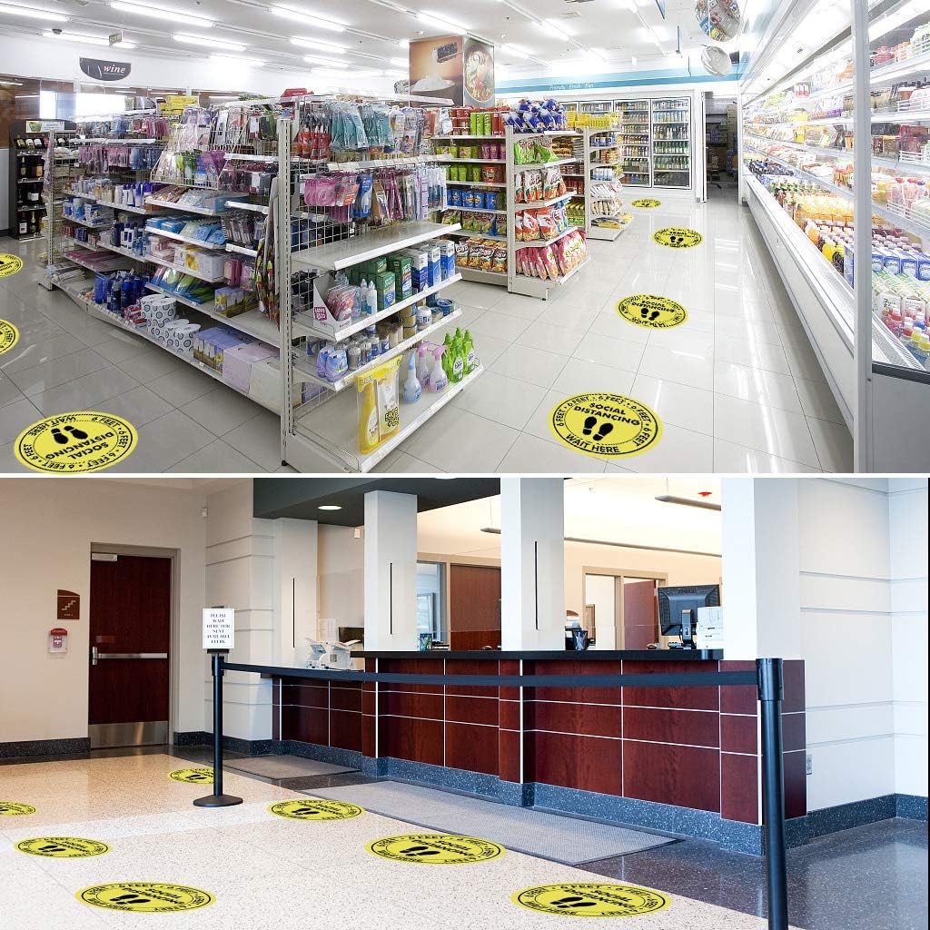 30 Pack 8 Inch Social Distancing Floor Decals Stickers 6' Social Distance Floor Signs, Waterproof Removable Adhesive Lamination Easy to Clean - Yellow