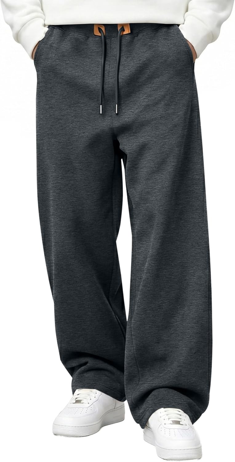 JMIERR Men's Baggy Sweatpants Fleece Lined Zipper Pockets Wide Leg Pants | Loose Fit, Open Bottom, Cotton Fleece Lined, Zipper Deep Pockets, Drawstring Waist, Fall Winter Casual, Gym, Lounge, Travel