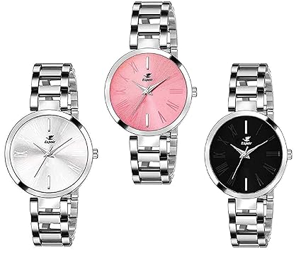 Espoir Analog Stainless Steel Combo Pack of 3 Multi Colour Dial Girls and Womens Watch - Manisha Combo White Pink Black
