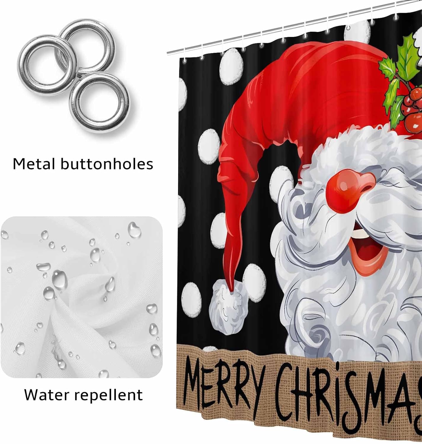 Christmas Gnomes Waterproof Shower Curtains Set - Extra Long Shower Curtain 72 x 96 Inch, Black Red Merry Christmas Fabric Bathroom Curtain with 12 Hooks, Bathroom Accessories