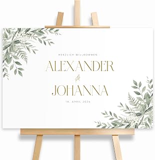 HEI Print Personalisiertes Willkommensschild Hochzeit mit Namen & Datum | Eukalyptus Greenery Design | Welcome Sign Hochzeitsdeko | Schild auf Staffelei | Individuelles Brautpaar Geschenk