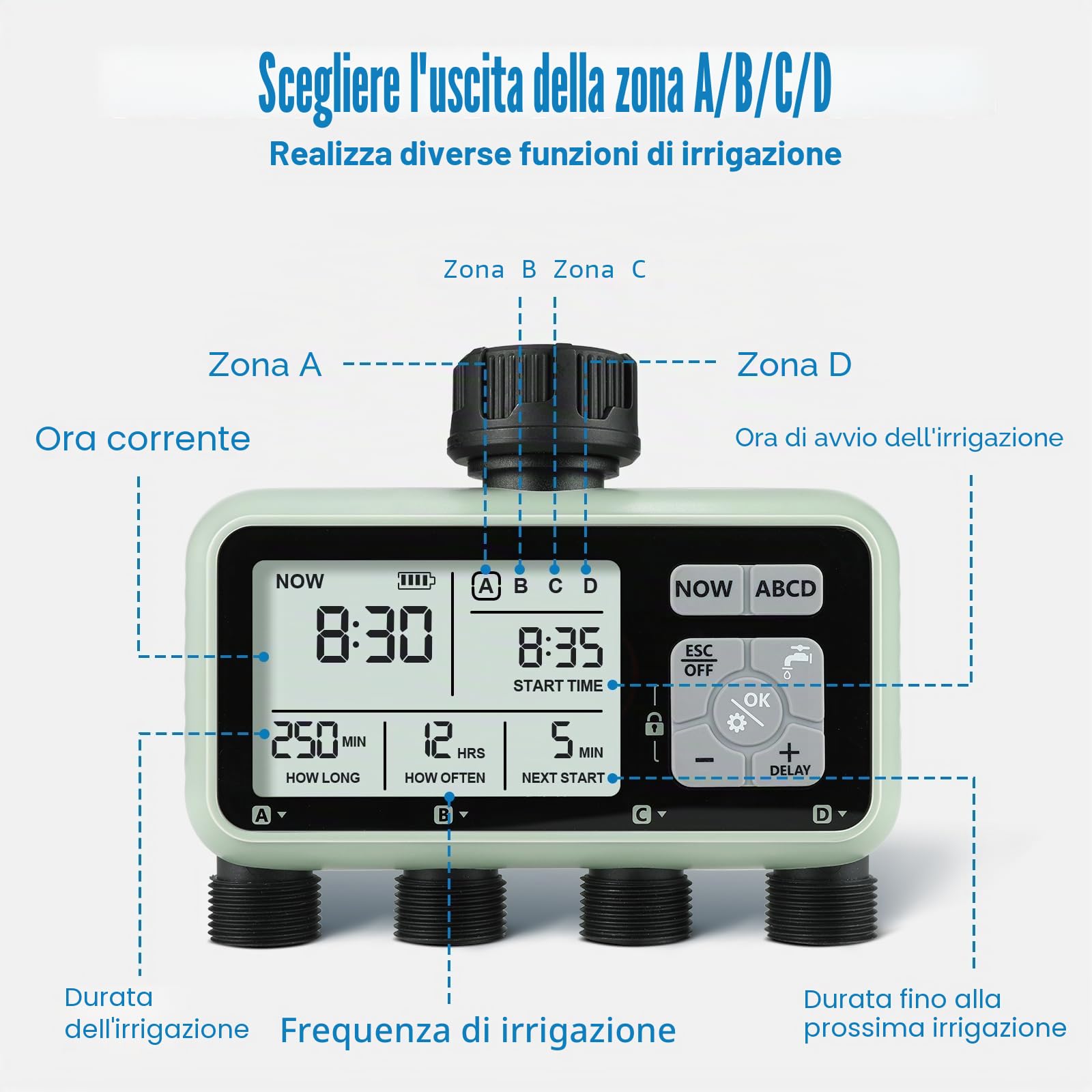 CROSOFMI 4 Vie Timer Irrigazione Automatica Digitale Centralina Irrigazione Temporizzatore Programmatore Irrigazione Giardino /IPX5 Impermeabile/Ritardo Pioggia/Modalità di Irrigazione Manuale