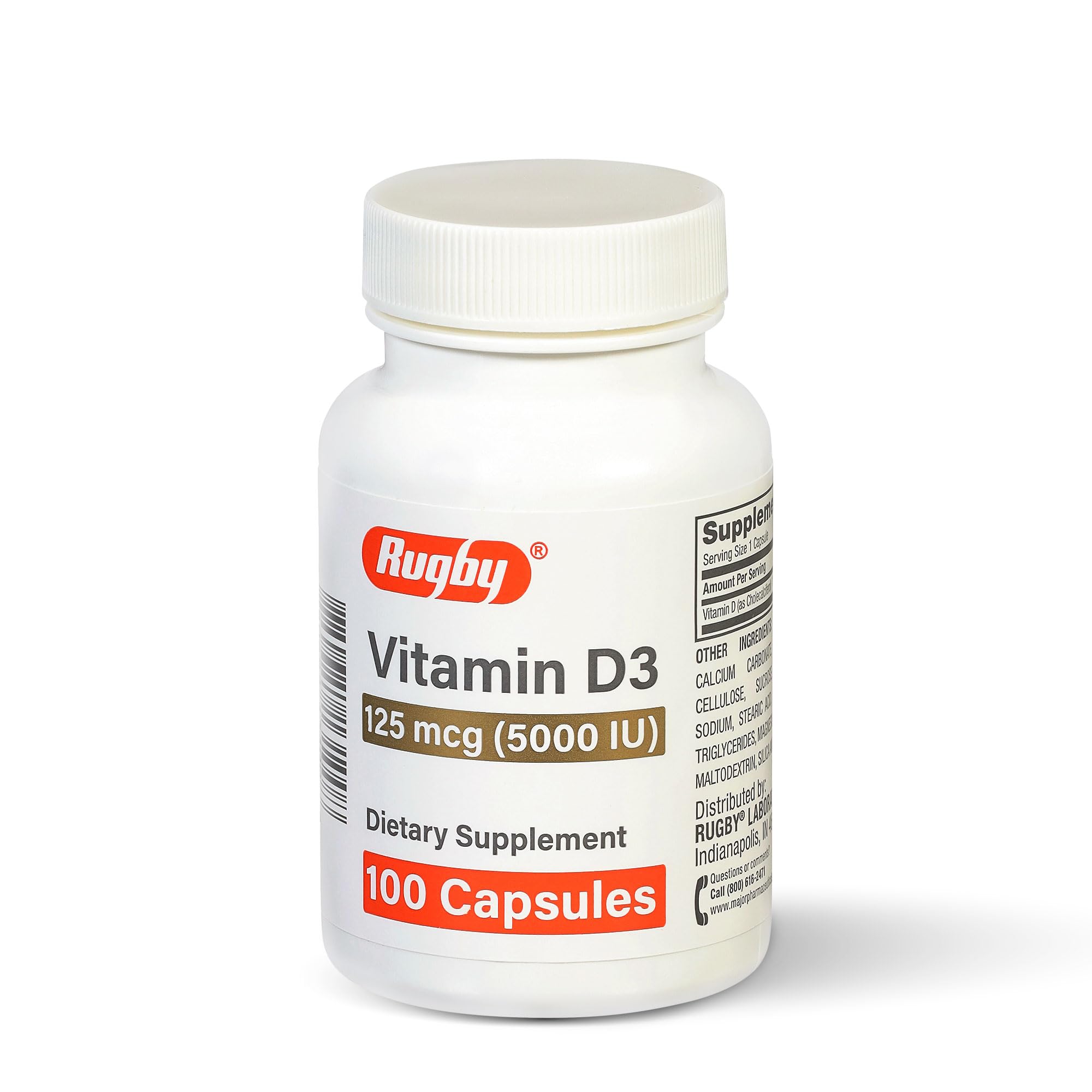 RUGBY LABORATORIES ViItamin D3, 125 mcg, 100 Capsules (Pack of 1)