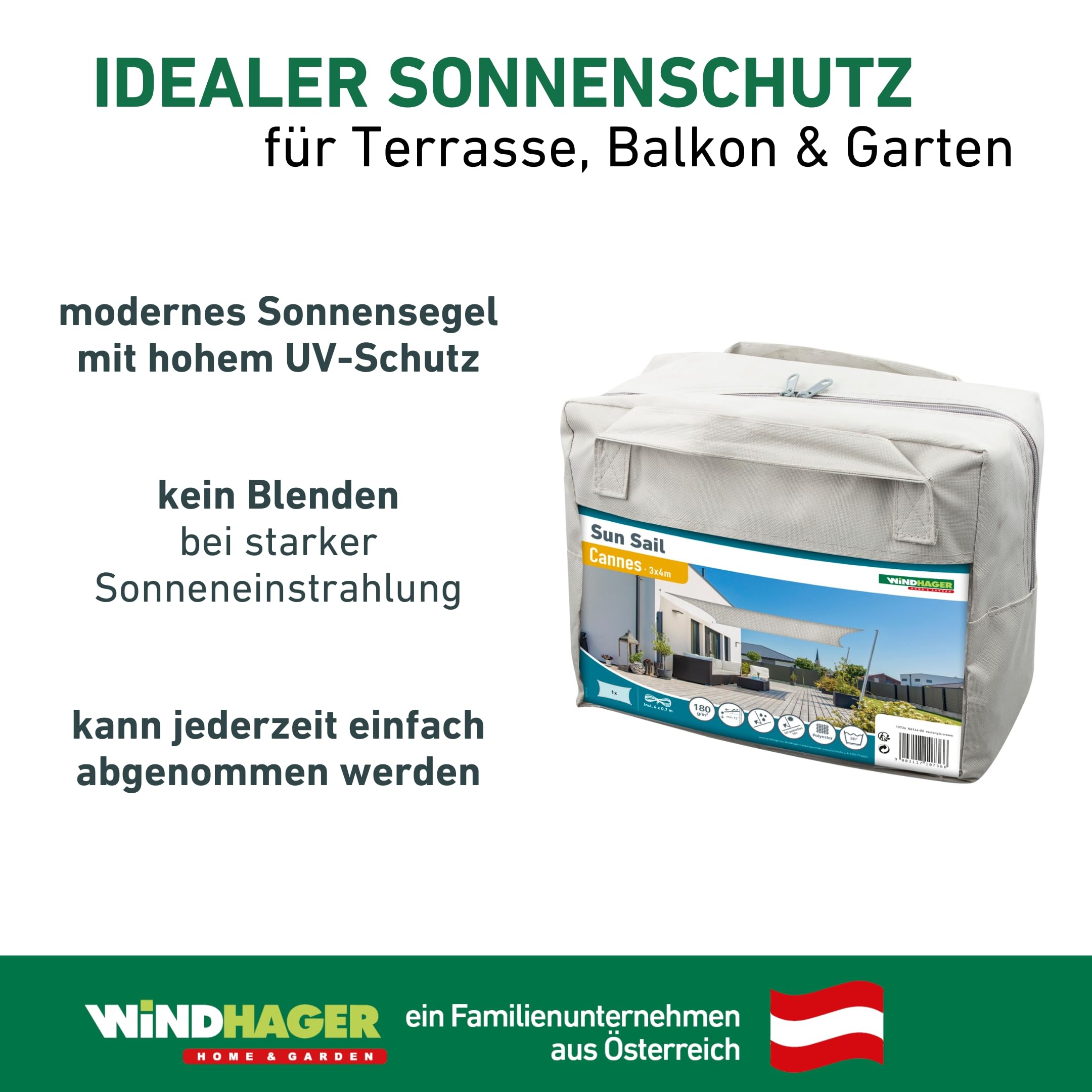Windhager Sun Sail Cannes | Hellgrau | rechteckig | beschichtetes Polyester-Gewebe | 3 x 4 m, 180 g/m² | Sonnenschutz Terrasse | UV- und witterungsbeständig | Wind- und wasserabweisend