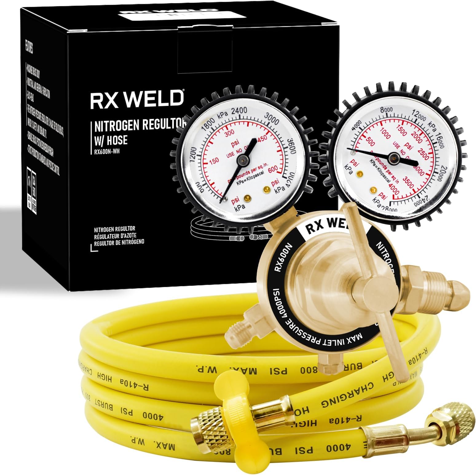 RX WELD Nitrogen Regulator with 0-600 PSI, CGA580 Inlet, 1/4-Inch Male Flare Outlet Connection, Nitrogen Tank Regulator with 5Ft Refrigeration Hose