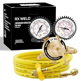 RX WELD Nitrogen Regulator, 0-600 PSI, CGA580 Inlet, 1/4" Flare Outlet | 5FT hose included. Output Adjustable 0-450PSI. HVAC purging, pressure & leak testing.