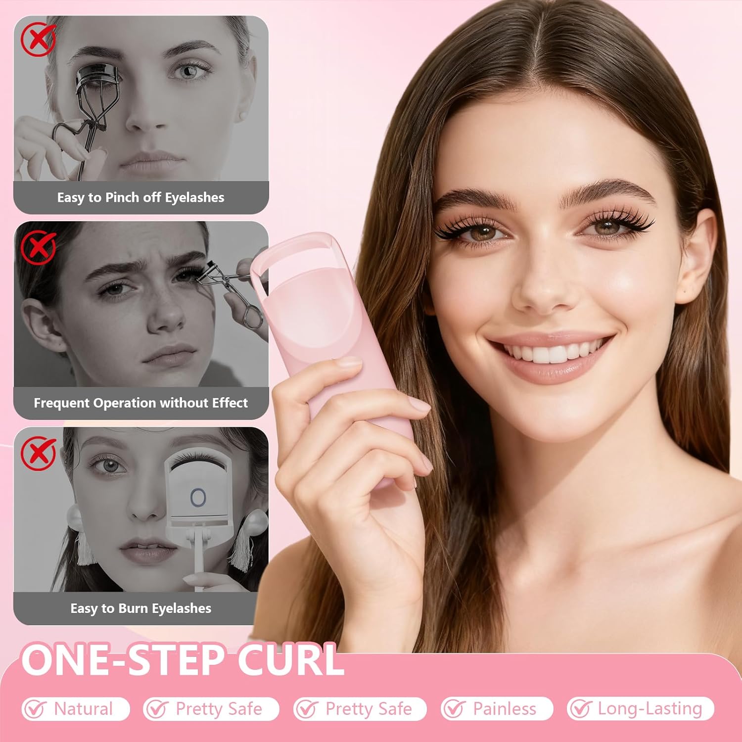 Heated Eyelash Curler, Electric Eyelash Curler with 2-Temp Modes & Type-C Charging, 8s Fast Heat 3s Style 24H Lift for Long-Lasting Natural Effortless Curls, Mini Heated Lash Curler for Women(Pink) - Image 7