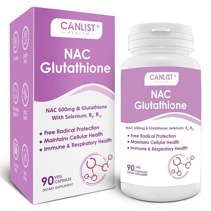 CANLIST Suplemento de NAC (N-acetilcisteína) com glutationa 600 mg + 400 mg, 90 cápsulas veganas