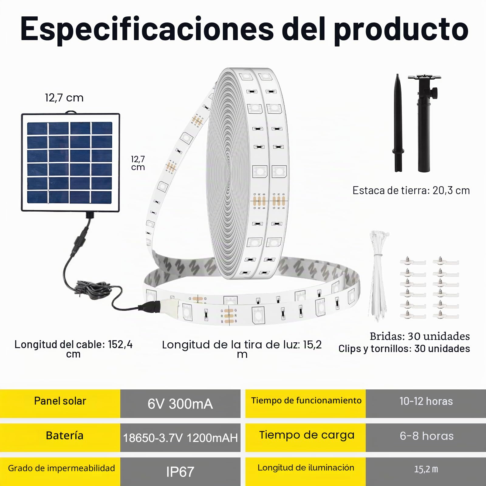 Tira de luz LED RGB de 15 metros de largo, funciona con energía solar, con parte trasera autoadhesiva, con función de encendido/apagado automático, entrega con mando a distancia y temporizador, ideal