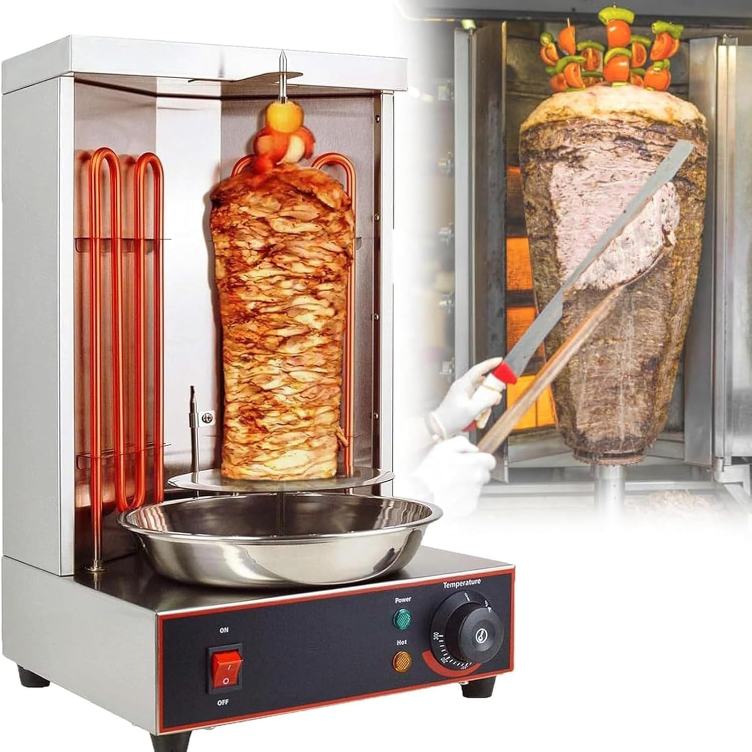 GZGHRZQS Electric Kebab Grill Machine, 13lbs Capacity, Chicken Shawarma Cooker Machine with 2 Heating Tubes, 122℉-572℉ Electric Vertical Broiler Gyro Rotisserie Oven Doner Kebab Machine