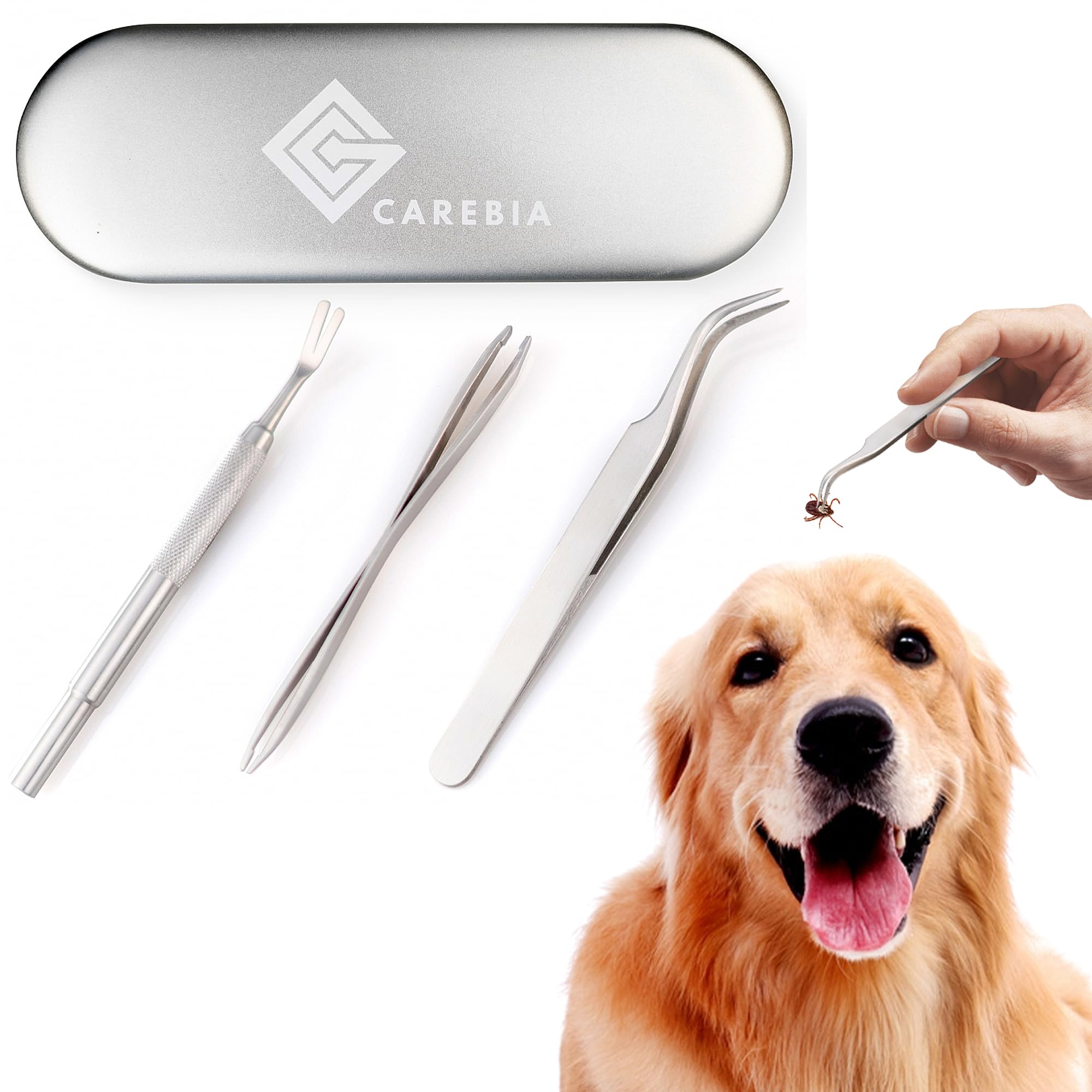 CarebiaPremium Stainless Steel Pet Tick Remover Tool Set of 3 - Durable, Washable & Reusable Tick Remover for Dogs - Set of Three Tick Pullers in Metal Case