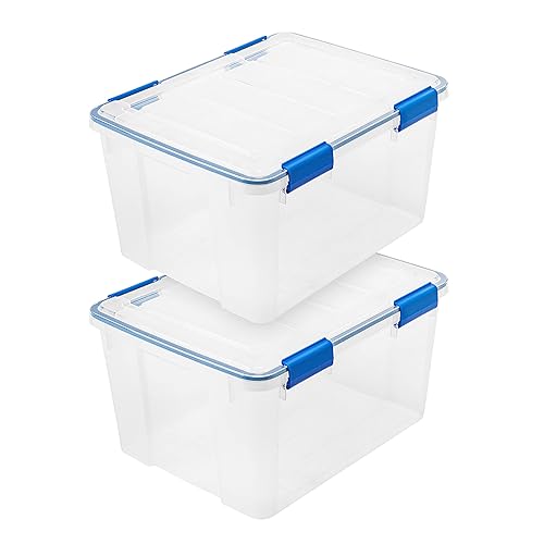 IRIS USA 44 Quart WEATHERPRO Plastic Storage Box with Durable Lid and Seal and Secure Latching Buckles, 2 Pack, Keep Dust and Moisture Out, Clear/Blue - 44 Qt. - 2 Pack