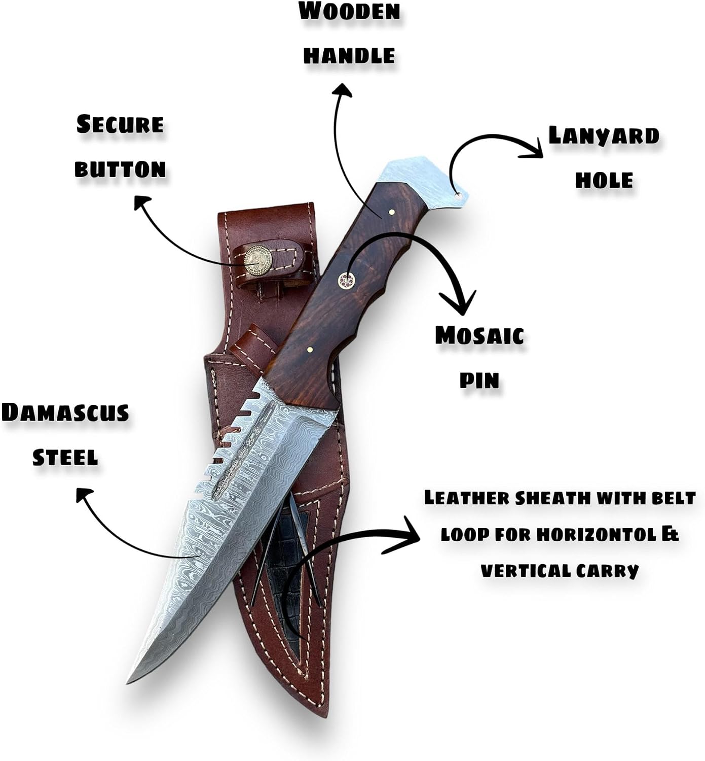 Custom Handmade Damascus Hunting Knife,12"Fixed Blade Bowie Knife with Horizontaland Vertical Carry Sheath,Real Damascus Steel Knives with Rose Wood Handle and Belt loop,EDC Full Tang Knives for men women, Adventure,Survival,Hiking,Camping,Gifts for Men Women