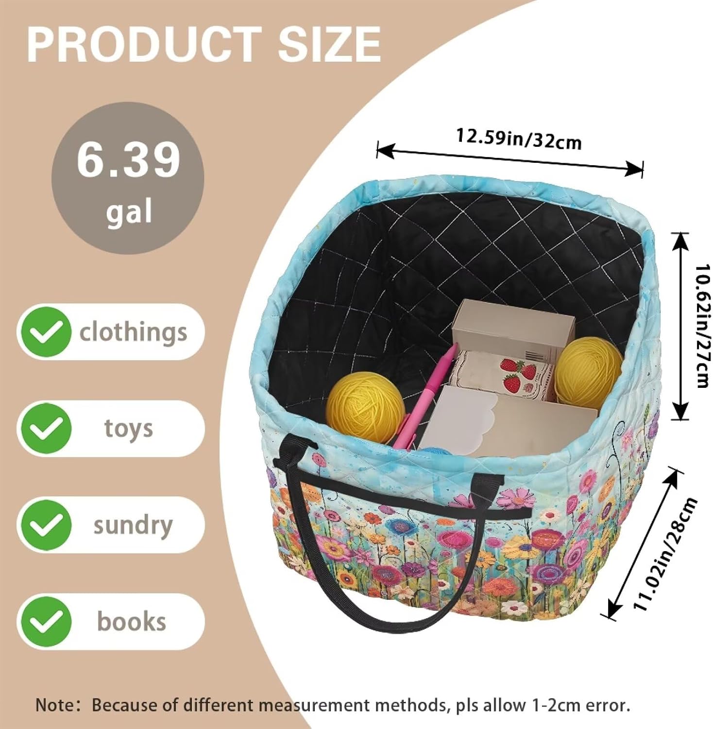 Colorful Flowers Quilted Laundry Basket for Bedroom with Front Pocket Foldable Nursery Hamper Large Capacity Laundry Nursery Hamper for Organize Clothes Toys