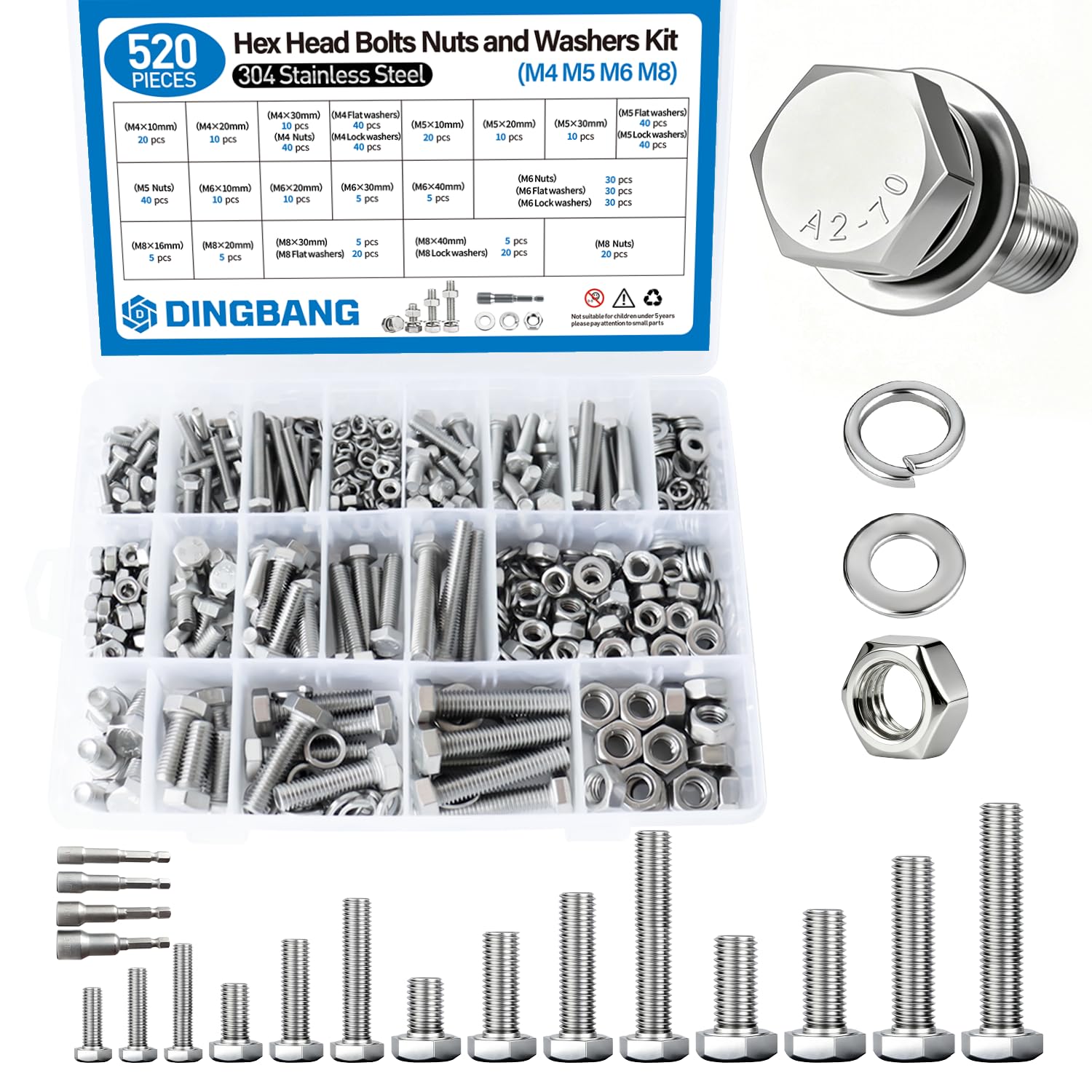 Hex Bolt & Nut Assortment Kit - 246 Pcs Stainless Steel -6