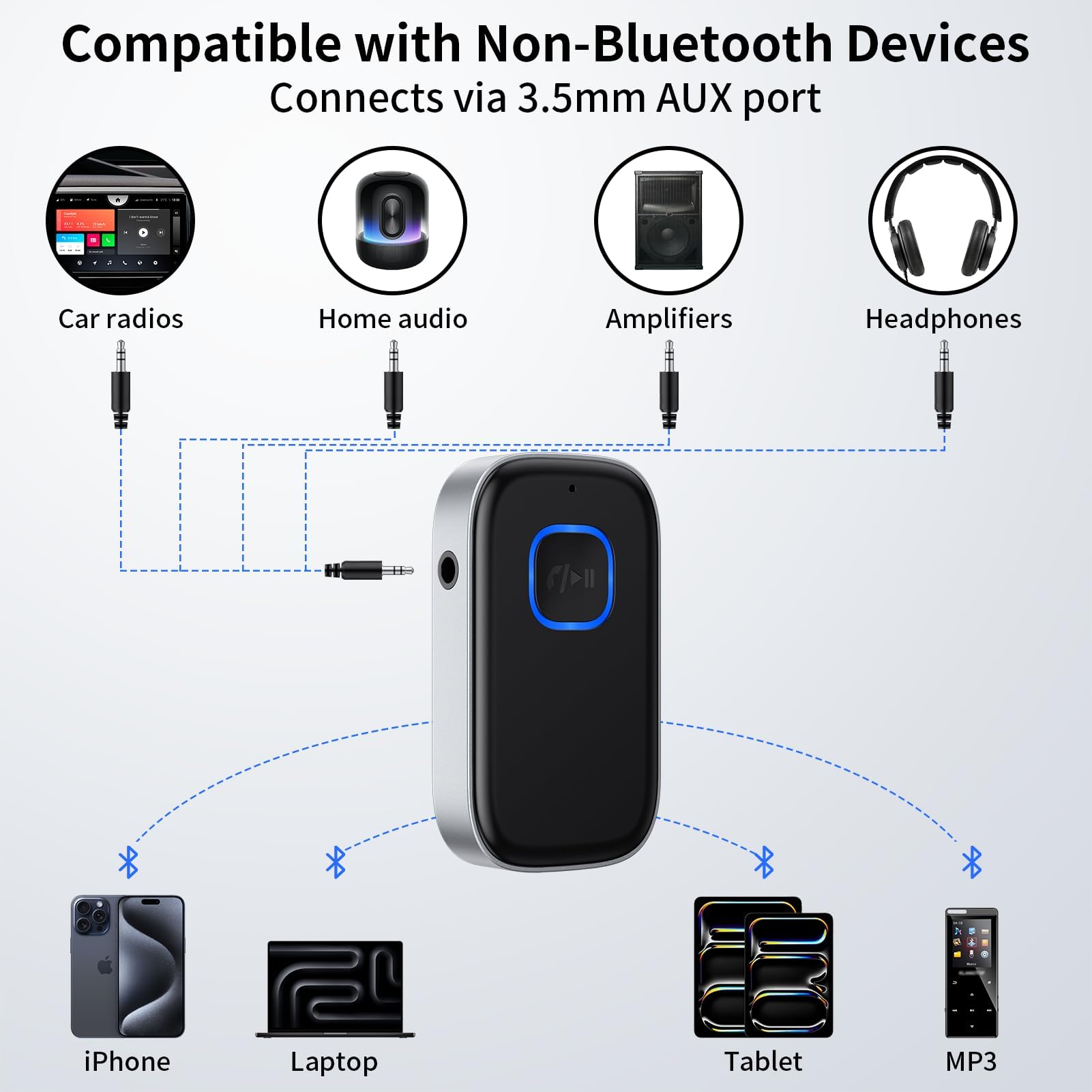 GlasFlength Aux Auto, Ricevitore Bluetooth 5.0 per vivavoce, Stereo Musica Adattatore Aux 3,5 mm 16 ore di tempo di riproduzione adattatore per autoradio cuffie stereo