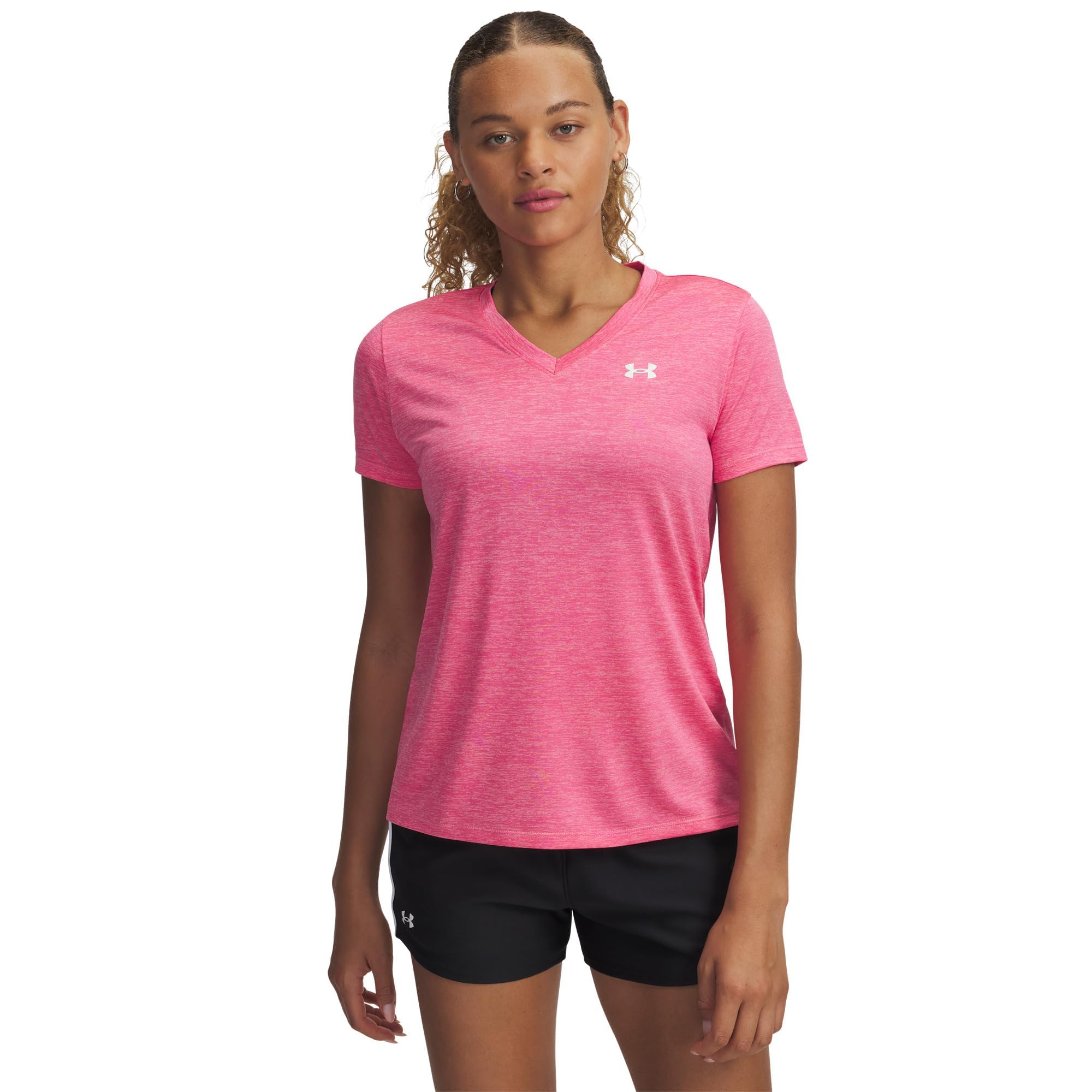 Under Armour Tech Manches Courtes col en V-​Twist, T-​Shirt Femme col V Confortable et au séchage Rapide, T-​Shirt de Sport Respirant, Femmes, Super Pink/​White, L, Super Pink/​White, MD