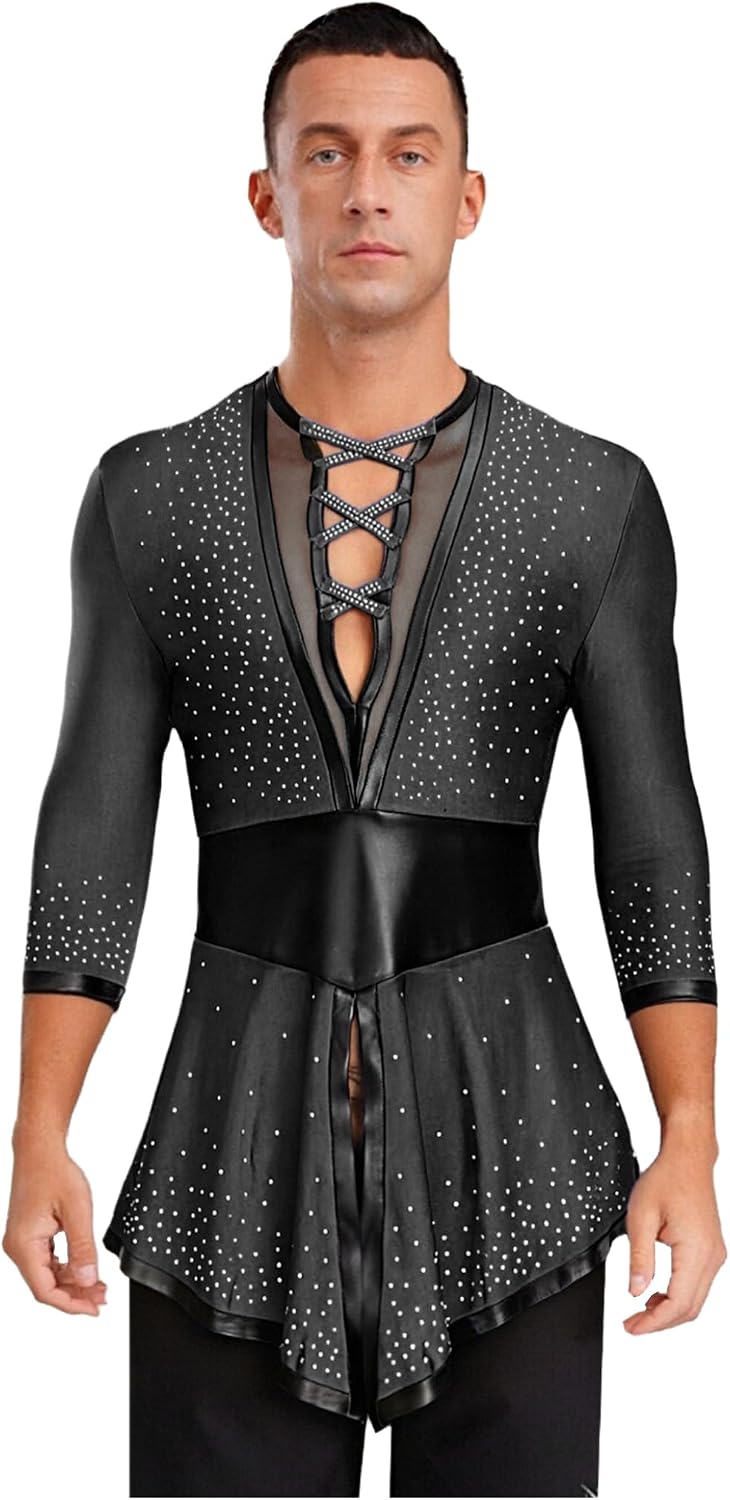 Latin Dance Tops for Men V Neck Long Sleeve Swallowtail Shirt Ballet Tango Flamenco Ballroom Dancewear