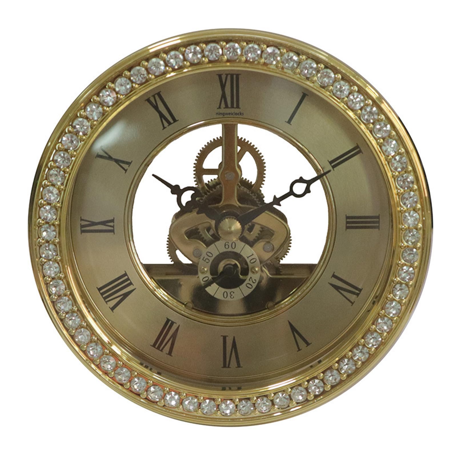 yanwuwa Crystal Inlaid Golden/Silver Clock Face 116mm Clear Skeleton Quiet Quartzs Clock Head Insert for Stylish Interior Quiet Movement Head