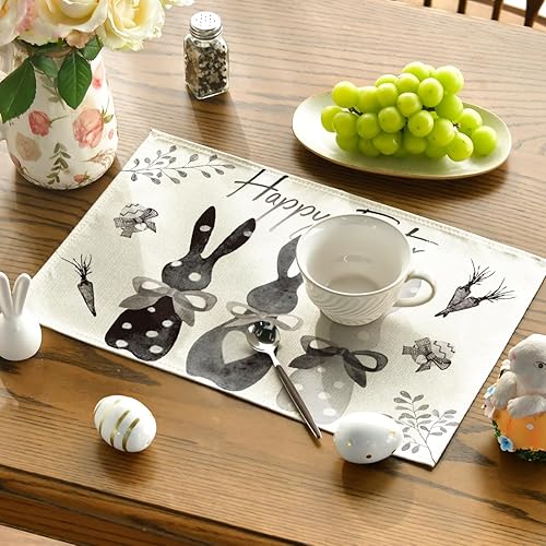 Miniatura 3 de Artoid Mode Juego de 4 manteles individuales de primavera de 12 x 18 pulgadas con diseño de conejo de conejo blanco y negro, para decoración de