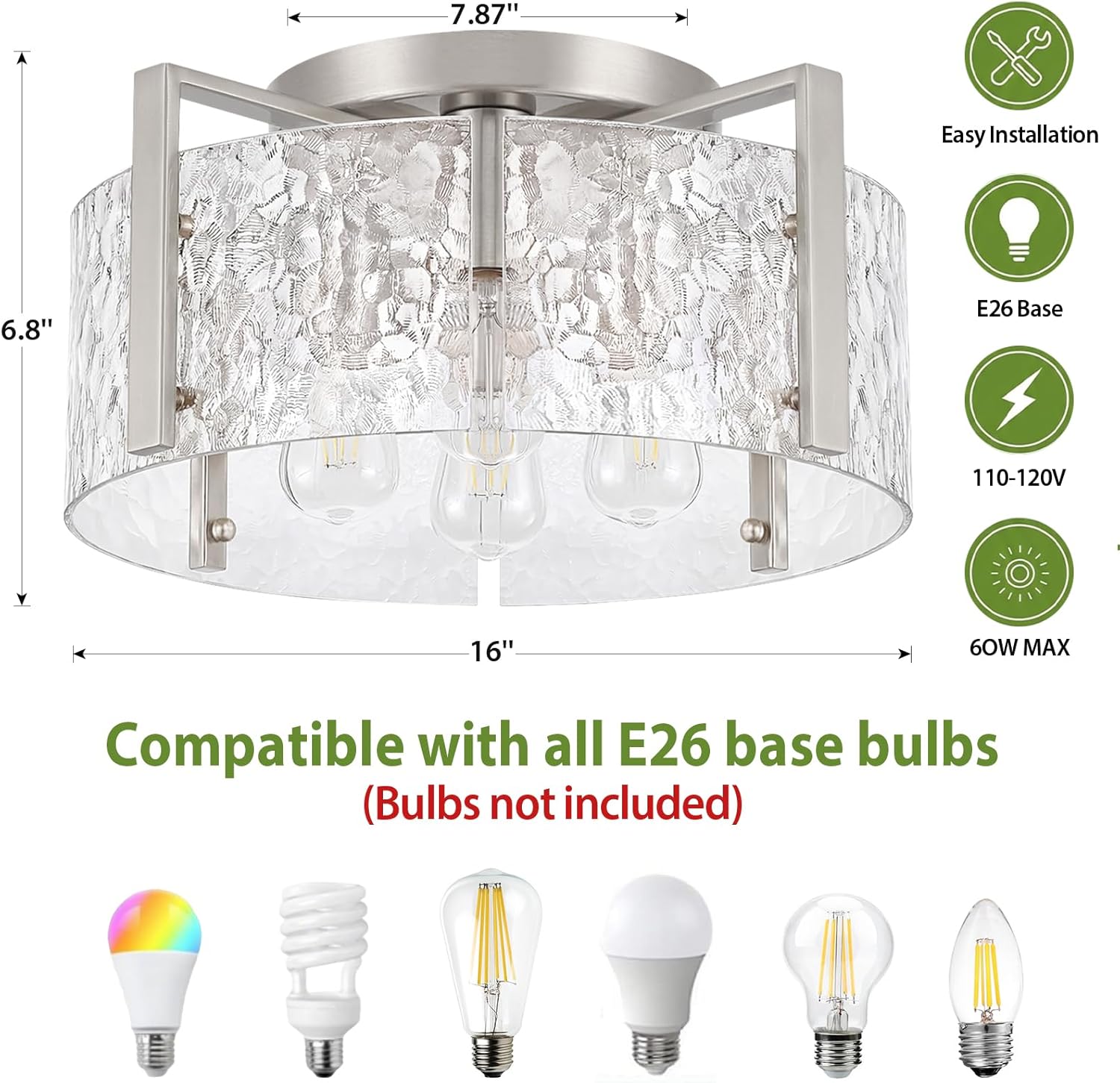 4-Light Modern Semi Flush Mount Ceiling Light Silver, 16'' Entryway Light Fixture, Glass Ceiling Mount with Hammer Glass for Passage Aisle Kitchen Island Dining Room Living Room Lighting Fixtures