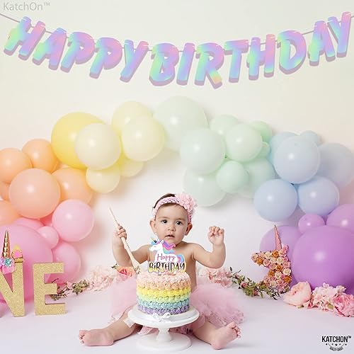 Miniatura 9 de KatchOn, Telón de fondo iridiscente con pancarta de feliz cumpleaños preencordada, paquete de 3, serpentinas iridiscentes, letrero holográfico de