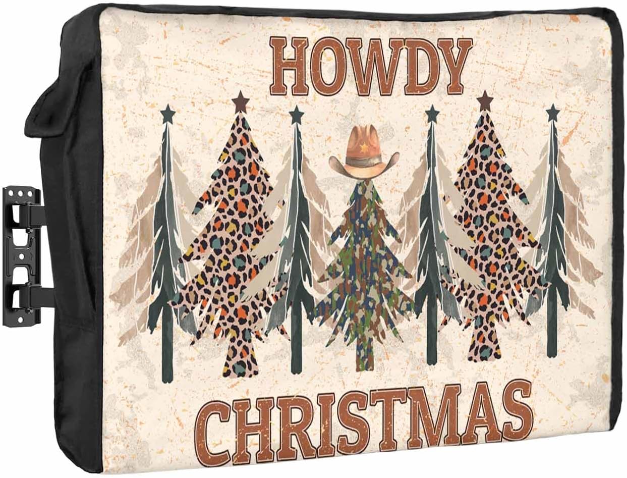 Christmas Cowboy Blue Outdoor TV Cover 70"-75" - 600D Waterproof TV Cover Weatherproof TV Screen Protector Dustproof Western Winter Xmas Leopard Tree TV Display Protector for Outside Flat Screen TV